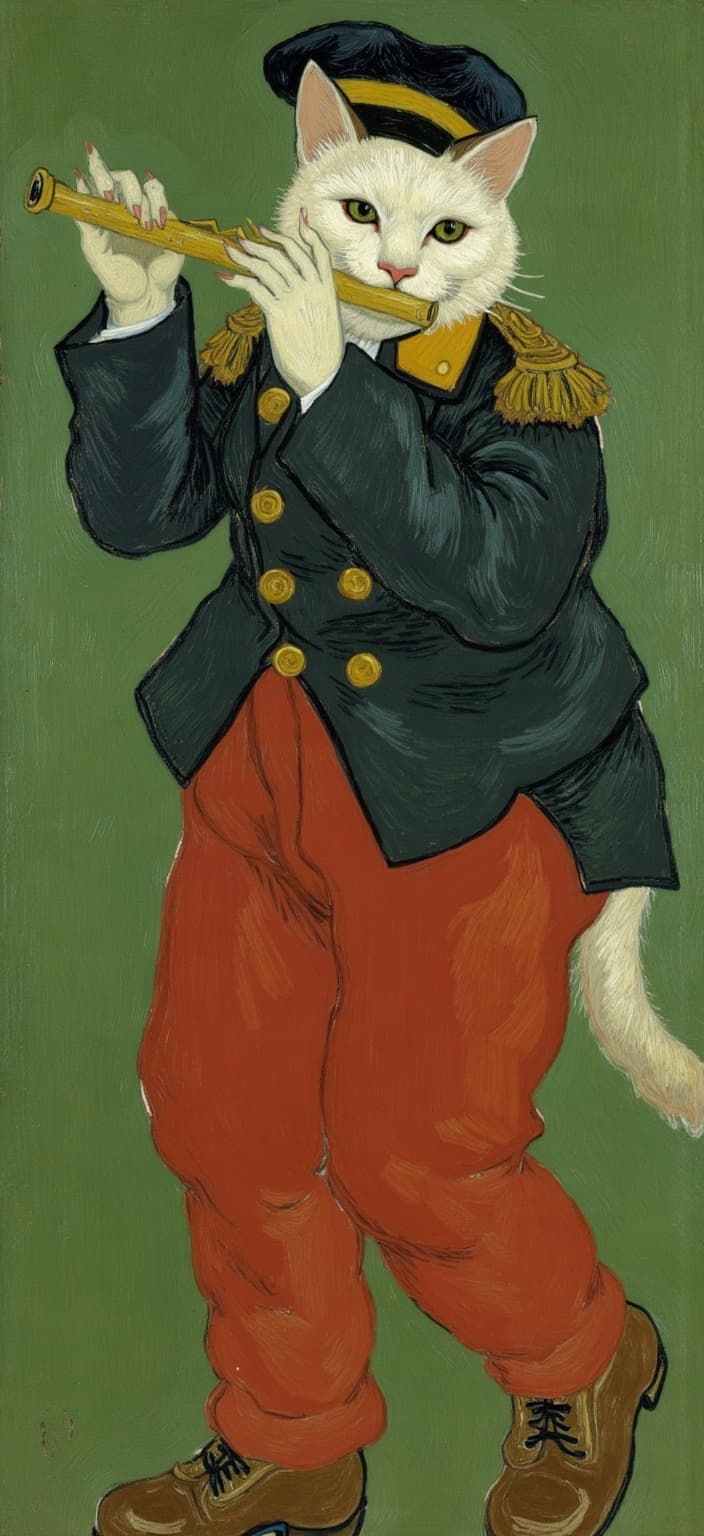 van_gogh, Enriched prompt:
The painting is a whimsical and delightful reinterpretation of Édouard Manet’s iconic ‘The Fifer’, featuring an adorable white cat as the protagonist. Standing upright with a charming confidence, the feline captures attention with its ensemble and poise. The cat is adorned in a dark, military-style jacket, intricately detailed with glinting gold buttons, adding a touch of elegance and sophistication. Vibrant red trousers provide a dramatic flair, while a black cap, trimmed with a striking yellow band, perches atop its head, seamlessly complementing the outfit.
Positioned gracefully on the viewer’s right, the cat holds a flute predominantly with its left paws, conveying the impression of a melodious performance. Its large, luminous eyes, filled with an expressive curiosity, offer a delightful twist on the classical composition, enchanting and engaging viewers with a sense of whimsy and harmony.
The background features a rich olive green, rendered in a flat yet lush painterly style, reminiscent of 19th-century French realism. This is complemented by intense colors and dynamic brushwork, inspired by the described art style. Vivid, rich colors are applied in thick, impasto layers, creating a sense of movement and emotional depth. Bold complementary color contrasts—such as blue and orange, or yellow and purple—heighten visual impact and add intensity to the scene.
The painting employs loose, energetic brushstrokes, often swirling with curly, flame-like patterns, imparting a rhythmic, almost pulsating quality. Vigorous, linear patterns contribute to a sense of urgency and life, making the artwork both deeply personal and universally compelling. The composition is centrally positioned, ensuring a crisp, clean look that is ideal for a digital wallpaper, transforming it into a personal expression of art suitable for a personal space.