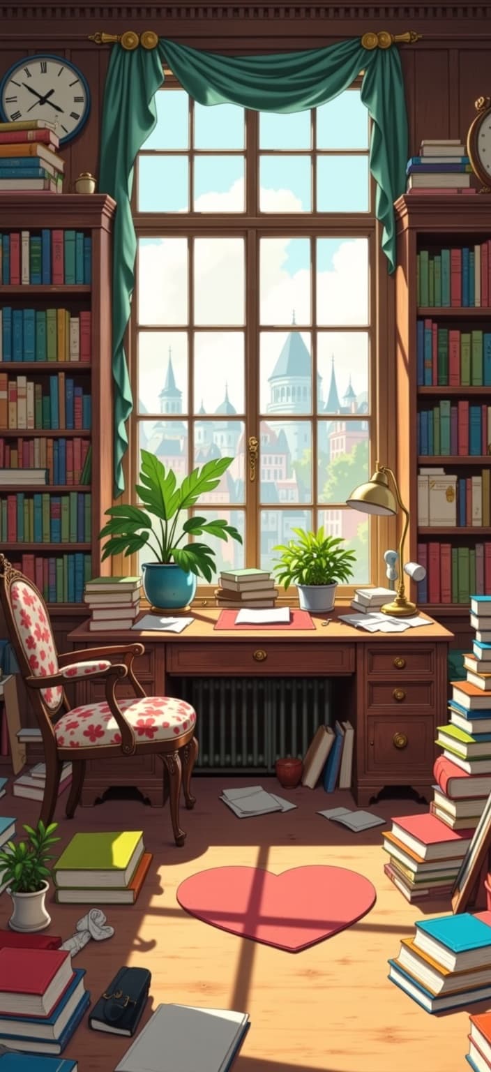 ghibli_illustration, Enriched prompt: Imagine a cozy office room, meticulously illustrated in the style of hand-drawn animation, capturing a whimsical and joyful aesthetic. The focal point is an abundance of books, beautifully detailed and scattered throughout the space, with some neatly organized on towering shelves, others stacked casually on a sturdy, wooden desk. Each book cover is uniquely illustrated with bright yet softly muted colors, contributing to a warm, dreamlike ambiance.
The room is bathed in gentle, natural light, casting soft shadows that dance across the richly textured surfaces, enhancing the inviting mood of the space. The desk is accompanied by an expressive, vintage-style chair, its fabric intricately patterned, showcasing subtle imperfections that lend an organic touch. Everyday objects like a classic lamp, a potted plant, and an antique clock are rendered with meticulous attention to detail, breathing life into the scene and evoking a sense of nostalgia.
In the background, large windows offer glimpses of a tranquil, slightly blurred cityscape, suggesting a peaceful refuge amidst the busyness of the outside world. The overall composition maintains a dreamy, nostalgic quality, with proportions accurately depicted to ensure clarity and balance. This richly detailed scene is centered perfectly, ensuring it's crisp and clean, making it ideal for printing as a stunning digital wallpaper that transforms any space into a sanctuary of creativity and knowledge.