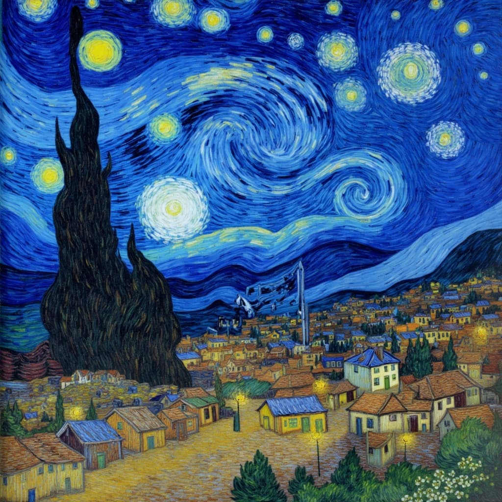 van_gogh, Enriched prompt:
The painting captures a starry night over a peaceful village, where the serene setting is brought to life with an explosive palette of intense color, dynamic brushwork, and bold, expressive compositions. The sky is a swirling symphony of vivid, rich blues and deep indigos, with stars twinkling like fiery embers against the dark, velvety night. Layers of thick, impasto paint bring a sense of movement and emotional depth to the heavens, which seem to dance with each brushstroke.
Below, the quaint village rests quietly under the celestial show, the rooftops and cobblestone streets illuminated by the soft, warm glow of yellow-orange street lamps, contrasting dramatically with the cool blues of the night. Bold complementary colors, like blues against oranges and yellows against purples, create a heightened visual impact and intensity, ensuring every inch of the canvas pulsates with life.
The loose, energetic, and often swirling brushstrokes infuse the scene with a rhythmic, almost pulsating quality, as if the entire landscape is alive and breathing. Curly, flame-like patterns ripple through the sky and landscape, their dynamic touch giving a sense of motion and life, while vigorous, linear patterns add depth and complexity.
This painting is infused with raw emotion and a sense of urgency, capturing both a deeply personal and universally compelling moment. The dramatic sky and serene village are centered within the composition, ensuring a crisp, clean look that makes it perfect for printing as wall art, transforming any space into a window to this enchanting, energetic world.