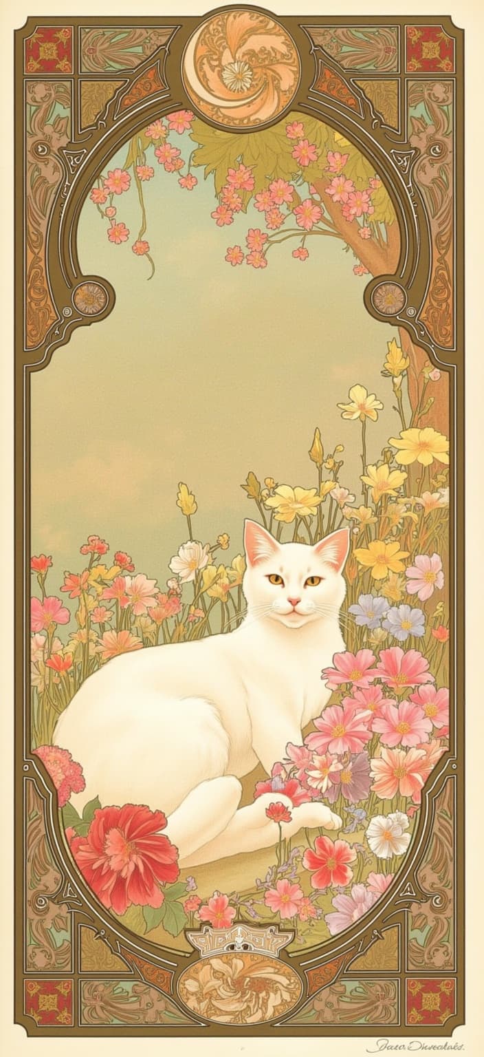 mucha, Enriched prompt: A captivating digital painting features a serene white cat nestled amidst an enchanting tapestry of vibrant flowers. The scene captures the essence of Art Nouveau, with flowing, organic lines and intricate decorative patterns that create a harmonious visual experience. The white cat, with its soft fur and gentle demeanor, is adorned with delicate floral motifs, harmoniously blending into its surroundings. Sinuous vines and blooming flowers weave around the feline, forming a lush, dreamlike garden.
The background is a symphony of stylized elements, combining natural motifs like flowers, vines, and celestial symbols to evoke a romantic, ethereal atmosphere. Subtle geometric patterns intermingle with the floral scenery, lending an ornamental refinement to the composition. Delicate colors—soft pastels and earthy tones—imbue the image with a timeless elegance, drawing inspiration from Mucha's signature aesthetic.
An elaborate ornamental frame encases the entire scene, reminiscent of a grand Gothic window. This intricate border, adorned with organic patterns of flowers and celestial symbols, serves as both a visual anchor and a gateway into a dreamlike realm where nature and emotion poetically intertwine. The overall composition is centered to ensure a crisp, clean look, making it ideal for digital wallpaper, providing a serene and artistic touch to any digital space.
