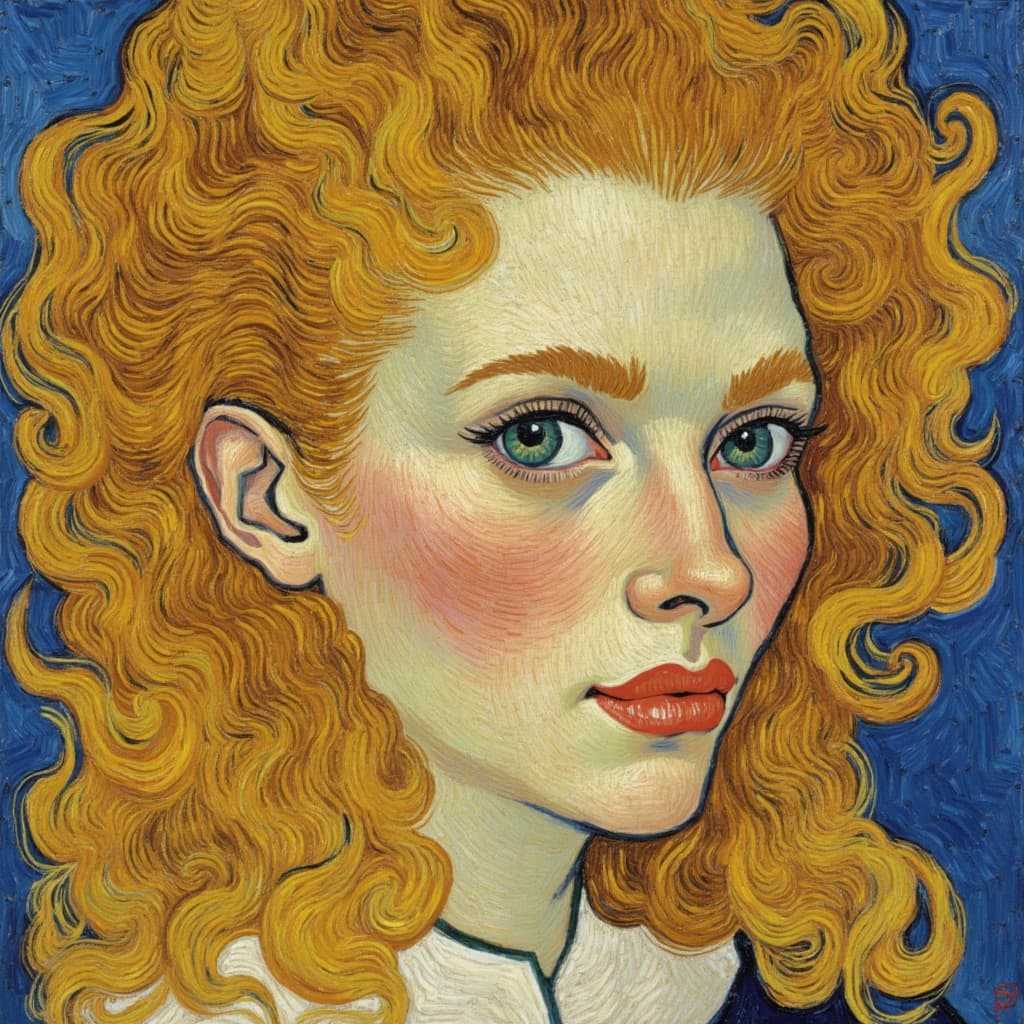 van_gogh, Create a striking portrait of a young woman with cascading blonde curly hair that embodies both elegance and vitality. The painting should harness intense color and dynamic brushwork, drawing inspiration from styles marked by bold, expressive compositions. Her curls should be depicted with energetic, swirling brushstrokes resembling flames, contributing to a rhythmic, pulsating quality that breathes life into the canvas.
The artwork should incorporate vivid, rich colors applied in thick, impasto layers, capturing a sense of movement and emotional depth. Utilize bold complementary color contrasts, such as blue and orange, or yellow and purple, to heighten visual impact and intensity. The palette should be vibrant, with colors that leap from the canvas, engaging the viewer and conveying a spectrum of emotions.
Ensure the painting resonates with raw emotion and a sense of urgency, aligning with the style’s hallmark of making the artwork both deeply personal and universally compelling. Center the image for a crisp, clean look, making it perfectly suited for wall-art. This central composition not only complements the vivid intensity of the painting but also ensures it stands out as a captivating centerpiece in any space.