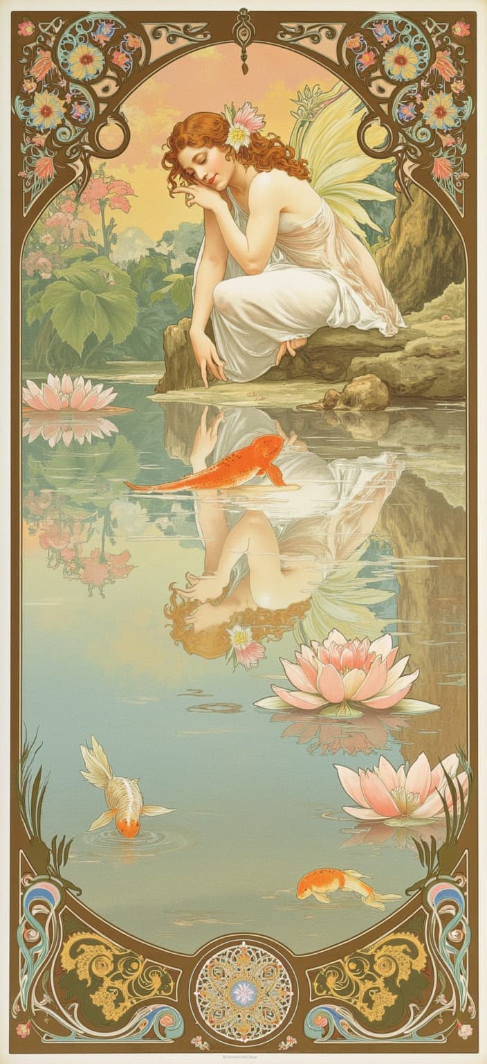 mucha, In the center of this enchanting digital wallpaper, a peaceful fairy gracefully kneels beside a tranquil lily pond, her delicate fingers gently touching the shimmering water. Surrounding her are vibrant koi fish that swim with ethereal grace, their vibrant scales reflecting a kaleidoscope of colors in the serene pond. The surface of the water is adorned with exquisite lotus blossoms, their petals displaying a range of pastel hues, creating a sense of harmony and elegance.
The fairy's reflection in the water forms a mirrored Art Nouveau pattern, echoing the flowing, organic lines that define the painting's style. Her wings, translucent and iridescent, gracefully mimic the intricate decorative patterns reminiscent of Mucha's artistry. The scene is enveloped in a dreamlike atmosphere with a backdrop that blends celestial elements like softly glowing stars and swirling vines entwined with blossoms.
The composition is further enhanced by a rich palette of delicate colors, from soft pinks and blues to gentle greens and golds, all harmoniously intertwined to evoke a sense of romance and tranquility. Sinuous vines and blooming flowers add exuberance to the composition, while subtle geometric patterns provide a refined ornamental quality.
An elaborate ornamental frame encircles the entire scene, its sweeping curves and detailed embellishments drawing inspiration from a grand Gothic window. This intricately adorned border, with its organic patterns, delicate flowers, and celestial symbols, not only unifies the visual elements but also acts as a gateway into this fantastical realm. This artwork invites viewers into a serene and poetic harmony where nature and human emotion seamlessly intertwine, capturing the essence of a dreamlike escape perfectly suited for a digital wallpaper.