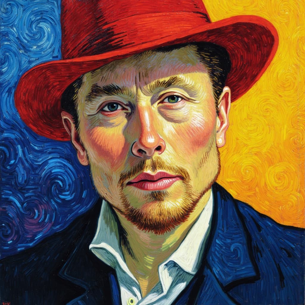 van_gogh, **Enriched Prompt:**
Create a vibrant and expressive portrait of Elon Musk, prominently featuring him wearing a distinctive red hat. The painting should capture Musk's essence, with intense color and dynamic brushwork that bring his persona to life. The composition is bold and expressive, utilizing vivid, rich colors applied in thick, impasto layers to create a profound sense of movement and emotional depth.
Incorporate bold complementary color contrasts, such as vivid blues and striking oranges, or bright yellows against deep purples, to heighten the visual impact and intensity of the artwork. The brushstrokes should be loose and energetic, with swirling, curly, flame-like patterns that impart a rhythmic, almost pulsating quality to the piece. This dynamic touch, combined with vigorous, linear patterns, should convey a unique sense of motion and vitality.
Infuse the painting with raw emotion and an unmistakable sense of urgency, making it both deeply personal to Musk's character and universally compelling. Center the composition to ensure a crisp, clean look, making it ideal for printing as wall art, where it can command attention and inspire conversation in any setting.