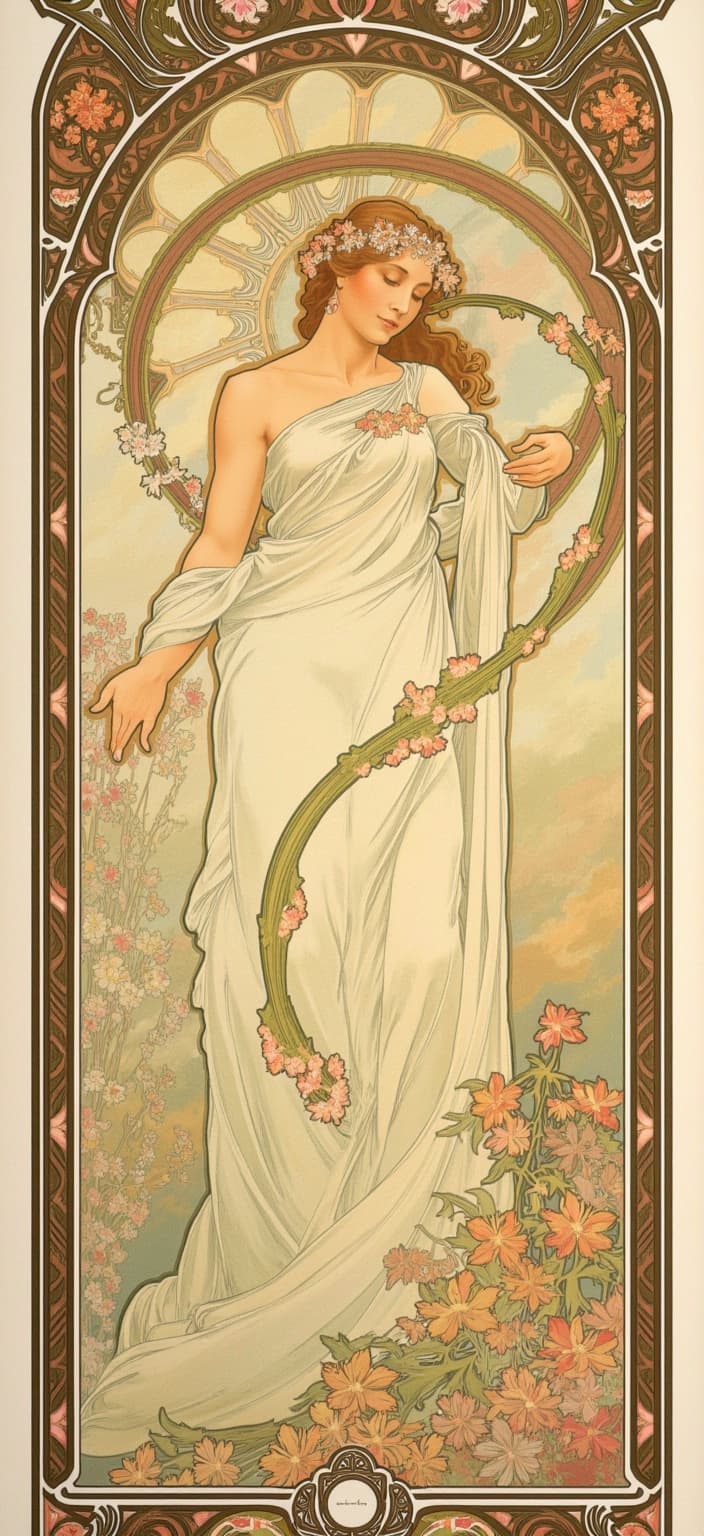 mucha, Create a stunning digital artwork that captivates the eye by centering a BvS batarang within a design reminiscent of a grand church window. This central motif, the batarang, is enveloped by flowing, organic lines that echo the intricate decorative patterns of Art Nouveau. The scene unfolds with an elaborate orchestration of natural motifs, featuring sinuous vines and an array of blooming flowers that spiral outwards, as if nurturing the batarang with life and beauty. The background is a symphony of delicate colors — soft pastels that morph into deeper, dreamlike hues — casting a romantic glow that bathes the subject in a celestial light.
Around this central icon, Mucha-inspired floral motifs intertwine seamlessly with subtle geometric patterns, infusing the composition with an ornamental quality that speaks of both elegance and sophistication. Delicate vines curve gracefully, as blooming flowers nod gently against a backdrop that's highly stylized yet maintaining an ethereal, almost otherworldly ambiance.
The entire composition is framed by an elaborate border that serves as both a unifying element and a visual gateway to this enchanted realm. Its sweeping curves and intricate embellishments are reminiscent of a Gothic window, adorned with organic patterns, celestial symbols, and a myriad of floral designs that celebrate nature's perpetual dance. This intricate border not only enhances the overall aesthetic but also invites the viewer to step into a world where nature and human emotion are inextricably woven together.
Perfectly centered and meticulously crafted, this image provides a crisp, clean look, ideal for printing as a digital wallpaper, ensuring that every detail of its artistry is captured in stunning clarity.