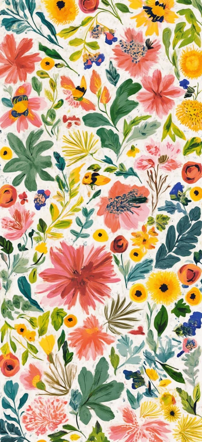colorful_illustration, The artwork is a captivating illustrated floral design, meticulously adorned with swirling lines and soft colors, capturing a whimsical and enchanting atmosphere. This vibrant and colorful illustration exudes a playful and dynamic hand-drawn feel, with a background beautifully decorated with organic shapes and scattered decorative elements. The piece features an array of various leaves and floral elements, arranged harmoniously across the canvas, adding a natural, free-flowing quality to the design.
In the center of this flourishing scene, honeybees buzz joyfully among the blooms, their delicate wings creating a gentle contrast against the soft petals. Nearby, robins perch gracefully on flower stems, adding a touch of warmth and vitality with their vibrant plumage. A whimsical detail is added with the presence of a small snail, slowly making its way across a leaf, adding an unexpected charm and narrative to the composition.
The style draws inspiration from a lavish and decorative approach, blending bold organic shapes with intricate details. Scattered ornamental elements like dots, swirls, and abstract motifs dance across the design, while the luxurious layering of colors and patterns creates a sense of depth and movement. The organic shapes and radial floral patterns evoke a hand-drawn feel, reminiscent of Scandinavian folk art and mid-century botanical prints.
This image is centered to ensure a crisp, clean look, making it an ideal choice for printing as digital wallpaper. It promises to transform any space into a vibrant and whimsical garden, where every glance reveals a new detail or story.