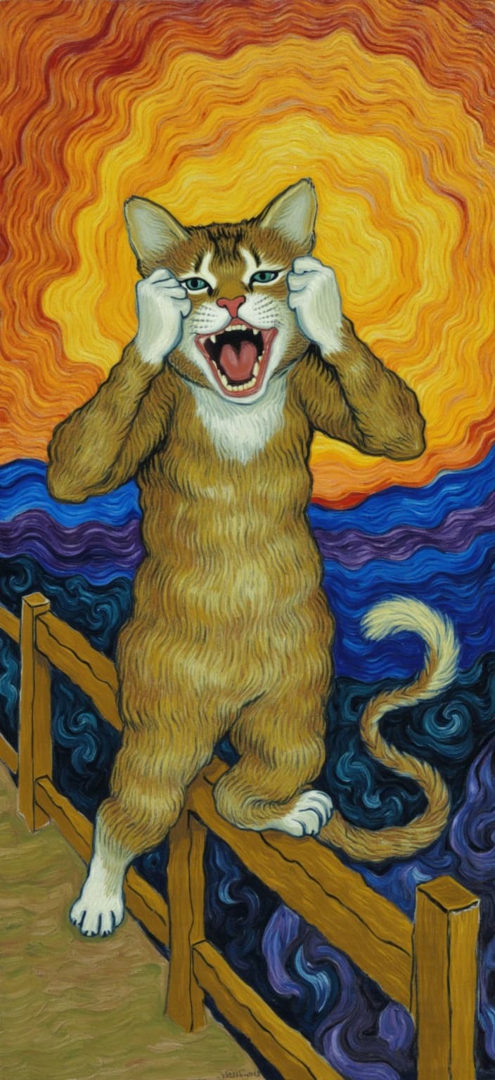 van_gogh, In this captivating digital painting, a humorous and surreal scene unfolds, depicting a wide-eyed cat standing on a bridge, mirroring the iconic expression of Edvard Munch's 'The Scream.' The cat's mouth is open in a dramatic, exaggerated scream, with its paws covering both ears, perfectly capturing an expression that is both comically surreal and full of raw emotion. The artwork draws inspiration from Munch's style, characterized by intense color, dynamic brushwork, and bold, expressive compositions.
The painting features vivid, rich colors applied in thick, impasto layers that create a vibrant sense of movement and emotional depth. The background is a swirling sunset sky, alive with vibrant orange, deep purple, and cool blue tones, painted with expressive, curling, flame-like patterns. These swirling patterns lend the sky a rhythmic, pulsating quality that enhances the overall surreal atmosphere.
This visual masterpiece employs bold complementary color contrasts—such as blue and orange, and yellow and purple—to heighten its visual impact and intensity. The loose, energetic brushstrokes convey a sense of urgency and raw emotion, resulting in an artwork that is both deeply personal and universally compelling. The painting's dynamic touch, combined with vigorous, linear patterns, infuses a unique sense of motion and life into the scene.
Meticulously centered, this artwork ensures a crisp, clean look that makes it an ideal choice for digital wallpaper. It invites viewers to immerse themselves in its vibrant, whimsical world, where drama, surrealism, and humor beautifully converge, creating a piece that is both reminiscent of Munch and uniquely its own.