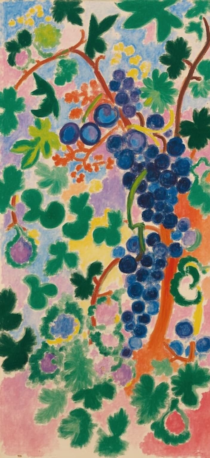 mattise_nice, In a lush and serene vineyard setting, a captivating scene unfolds, capturing the essence of tranquility and the beauty of nature. The focus of this digital painting is a bountiful arrangement of grapes and figs, intricately intertwined on a vibrant vine. Each grape and fig is rendered with exquisite detail, their rich hues of deep purples, greens, and warm earth-toned figs contrasting against one another, evoking a sense of abundance and vitality.
The scene is infused with the gentle play of dappled light and shadows, creating a dynamic interplay across the canvas. Sunlight filters through the leaves of the vine, casting soft, intricate patterns on the fruits below, capturing the ephemeral dance of light that characterizes a late afternoon in the vineyard.
Drawing inspiration from Matisse's "Nice" period, the painting adopts a bold, expressive use of color and form, with loose, fluid brushstrokes that imbue the scene with an air of elegance and modernity. The composition is artfully balanced, with a harmonious blend of vivid hues and soft pastels, ensuring a lively yet serene ambiance.
At the heart of this image is a sense of relaxation, inviting viewers to immerse themselves in the soothing vineyard scenery. The overall composition is centered, ensuring a crisp, clean look, making it ideal for printing onto digital wallpaper. This artwork transforms any space into a serene retreat, capturing the timeless beauty and tranquility of a sunlit vineyard.