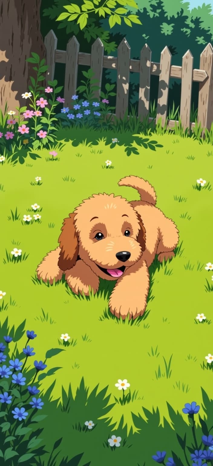 ghibli_illustration, Create a painting of a delightful scene centered in a digital wallpaper format, capturing the enchanting essence of a golden doodle lounging on a lush green lawn. The golden doodle, with its curly fur shimmering in the warm, natural lighting, embodies joy and playfulness. Its expressive eyes and delightful posture invite you into its whimsical world.
The setting is a hand-drawn animation style with richly detailed backgrounds that bring the scene to life. The lawn is a vibrant tapestry of greens, intricately rendered with subtle imperfections and organic movement, showcasing blades of grass that dance lightly in a gentle breeze. Surrounding trees and shrubs, painted with a soft, painterly texture, create a cozy and inviting atmosphere.
Colors in the scene are vivid yet slightly muted, blending seamlessly to evoke a dreamy, nostalgic quality without sharp contrasts. Everyday elements like a worn garden fence, a playful butterfly flitting by, and scattered wildflowers are meticulously illustrated, adding depth and tangibility to the landscape.
This composition is both whimsical and serene, capturing the essence of a joyful moment in a pet's day. The golden doodle is accurately proportioned and clearly visible, lit with a gentle glow that emphasizes its endearing presence on the wallpaper, making it an ideal choice for a digital wallpaper that transforms any screen into a window to a dreamlike, living canvas.
