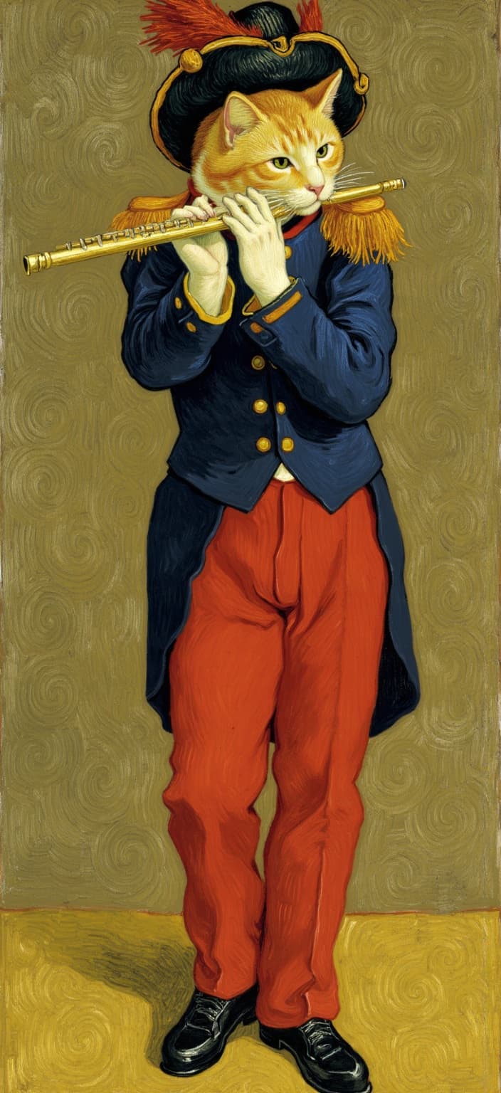 van_gogh, Enriched prompt: Visualize an engaging and vivid painting featuring a standing orange tabby cat dressed in an elaborate historical military band uniform, thoughtfully inspired by Édouard Manet’s iconic ‘The Fifer’. This whimsical yet classic piece captures the feline musician poised mid-performance, flute held predominantly with its left paw, positioned dynamically on the viewer’s right. The cat is clad in striking red pants and a dark navy jacket adorned with intricate gold buttons. Atop its head rests a distinguished military-style cap, accented with vibrant red and yellow hues, adding a touch of drama and authenticity.
The composition is infused with intense color and dynamic brushwork, drawing inspiration from the vibrant impasto style. Bold, expressive compositions come alive through vivid, rich colors applied in thick layers, creating an enticing sense of movement and emotional depth. The painting employs bold complementary color contrasts—like the harmonious interplay of blue and orange, or the striking juxtaposition of yellow and purple—to magnify its visual impact and intensity.
The background is a painterly dreamscape of muted olive-brown, reminiscent of 19th-century oil painting textures, which subtly complements the lively foreground with its swirling, curly, and flame-like brushstrokes. These vigorous, linear patterns instill the scene with a rhythmic, almost pulsating quality, delivering a unique sense of motion and life.
This exquisite art piece, with its raw emotion and urgency, invites viewers into a deeply personal yet universally compelling experience. Its crisp, clean composition makes it a perfect centerpiece for digital-wallpaper, transforming any space into an artistic sanctuary.
