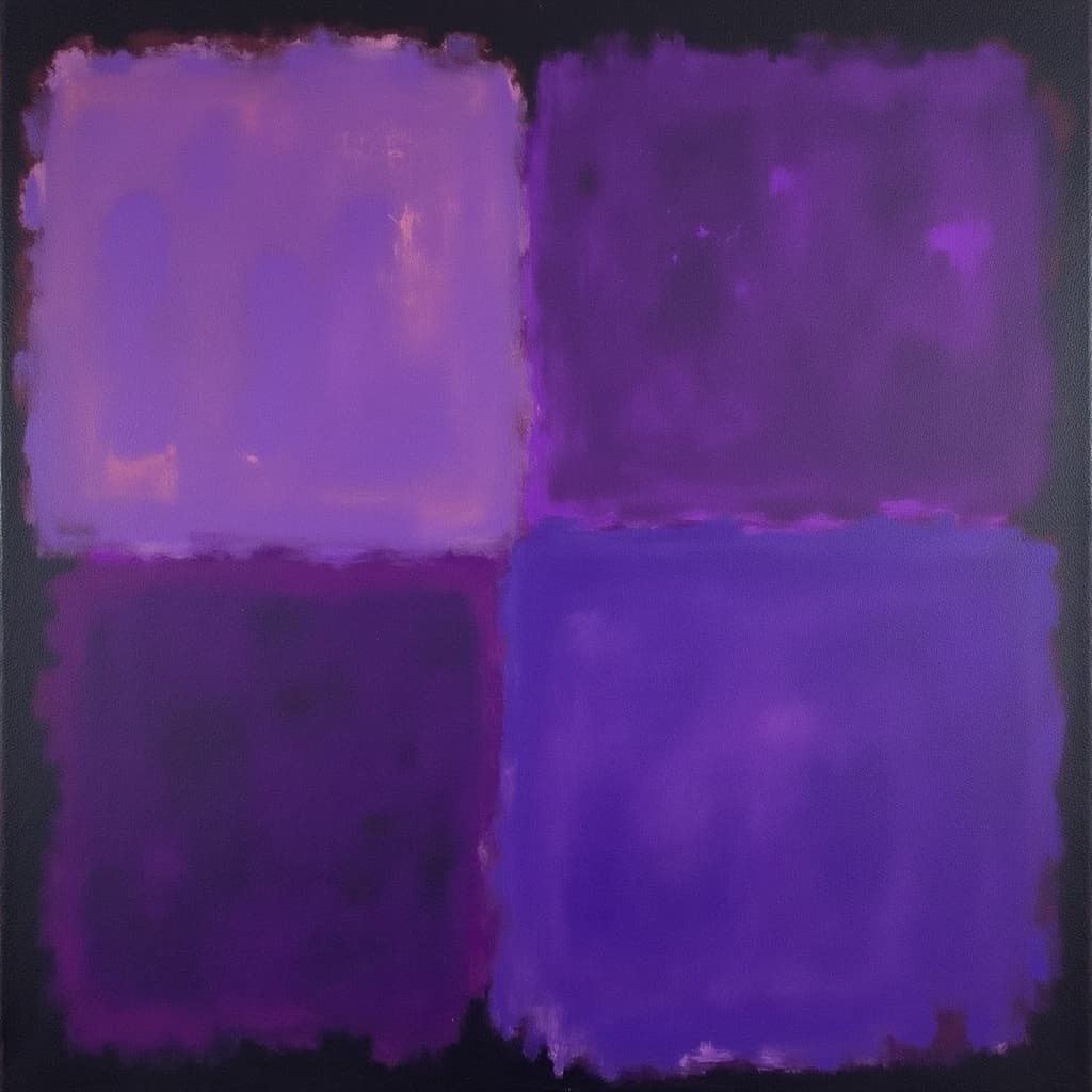 rothko, The painting is a mesmerizing composition of luminous blocks of purple and black, capturing the viewer's attention with its ethereal beauty. Drawing inspiration from a style renowned for its complex layering of translucent colors, this artwork allows light to filter through the pigments, bestowing the painting with an appearance of "inner light" and remarkable luminosity. Up close, the colors seem to melt and fuse into one another, creating blurred boundaries between the shapes that invite introspection and contemplation. From a distance, the softly edged rectangles float weightlessly on the canvas, transforming into hovering zones of color that challenge perception and illusion.
The richly varied surfaces are a testament to the artist's mastery, with paint drips or strokes running in unconventional directions, adding texture and movement to the overall composition. Each layer of paint interacts with the next, creating a dynamic interplay of depth and light, as if the colors themselves are alive and breathing.
Centrally placed to ensure a crisp, clean look, this artwork is perfectly suited for wall-art, bringing a touch of sophistication and modernity to any space. The luminous blocks of purple and black not only enhance the aesthetics of the environment but also evoke a sense of tranquility and introspection, making it an ideal centerpiece that captivates and inspires all who behold it.