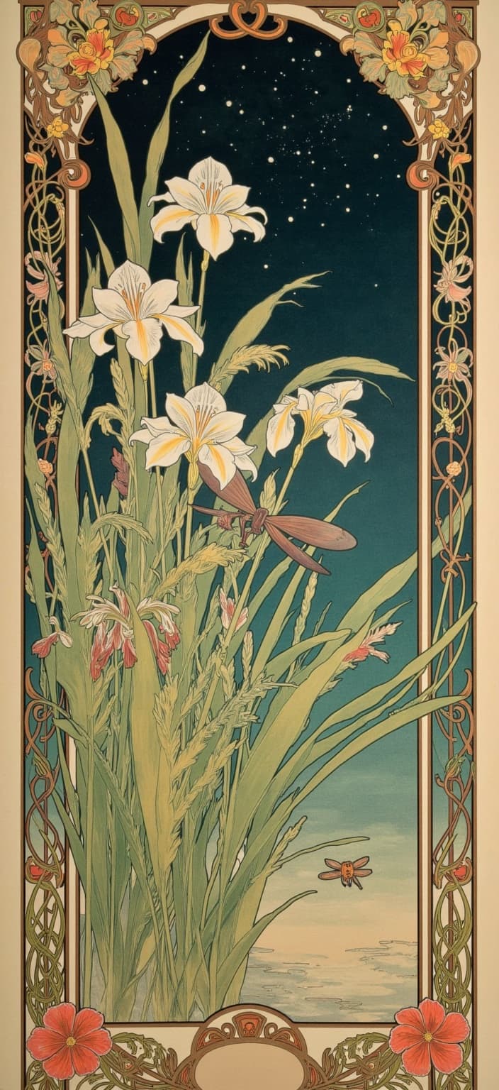 mucha, **Enriched Prompt:**
Imagine a captivating dreamlike painting, set on the tranquil edge of a serene lake under the vast, starry night sky. This scene is meticulously crafted in the ethereal Art Nouveau style, drawing inspiration from the flowing, organic elegance and intricate decorative artistry of Alphonse Mucha. The focus remains purely on nature, with no human or architectural presence to distract from its organic beauty.
Dominating the foreground, lush clusters of iris flowers, bullrushes, and reeds sway gently, their forms beautifully intertwined with sinuous vines and blooming flowers, weaving a tapestry of natural wonder. The harmonious color palette bathes the entire scene in delicate, romantic hues, infusing the composition with a sense of tranquility and poetic charm.
The background is a highly stylized blend of fine art and design, achieving a dreamlike aesthetic that transcends reality. The painting is framed within an elaborate ornamental border of vines and art nouveau whiplash curves, adorned with organic patterns and vibrant flowers, evoking an otherworldly garden. This border defies symmetry, with each side uniquely adorned, contributing to its dynamic elegance.
On the left-hand side, a grand iris flower breaks free, overlapping the border with captivating grandeur. Nearby, a majestic dragonfly faces this flower, its iridescent wings shimmering against the night sky. Below, another dragonfly adds to the scene's enchanting allure.
Designed with meticulous attention to detail, this artwork is perfect for a digital wallpaper, creating a stunning backdrop on a smartphone. It offers a gateway into a dreamlike realm where nature's beauty unfurls in a harmonious dance with celestial splendor, inviting viewers to lose themselves in its timeless, romantic embrace.