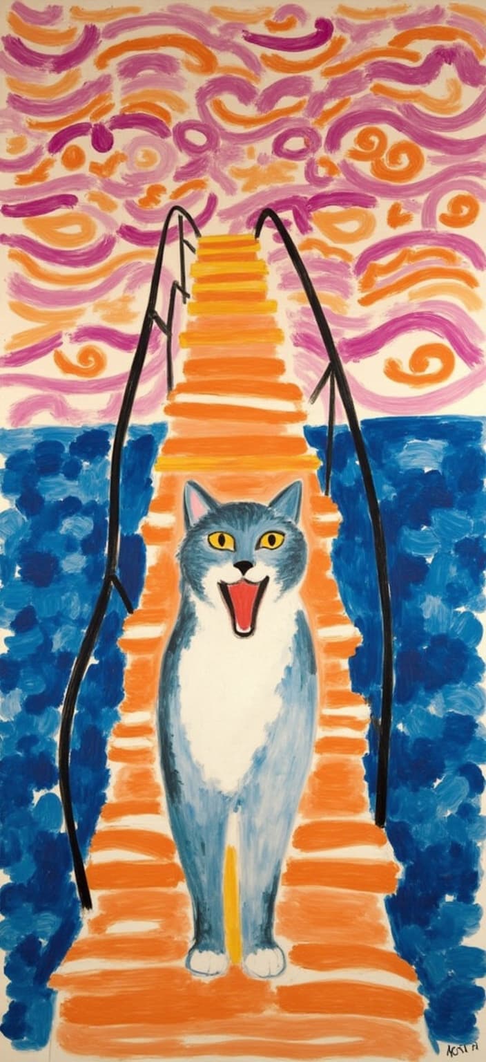 mattise_nice, A digital wallpaper capturing a whimsical interpretation of a surprised, wide-eyed cat standing in the middle of an arched bridge, its mouth open in a dramatic scream, reminiscent of Edvard Munch’s iconic 'The Scream'. The bridge stretches gracefully across the canvas, framing the central cat in a bold, vivid stance. The cat's expression is exaggerated and comical, with its fur painted in rich, textured oil strokes that echo the energetic style of Henri Matisse's "Matisse in Nice" period.
The sky behind the cat is a mesmerizing swirl of vibrant orange, deep purple, and soft blue tones, creating a dynamic, dreamlike backdrop. The swirling colors are painted in broad, expressive brush strokes, capturing the surreal essence of both Munch’s and Matisse’s styles. The bridge's wooden planks are depicted with gentle curves and fluid lines, drawing the viewer's eye toward the feline protagonist.
The overall atmosphere is dramatic yet humorous, balancing the surreal with a touch of whimsy. The composition is centered to ensure a crisp and clean look, perfect for digital wallpaper. The blending of Matisse-inspired color palettes and Munch-like expressionism results in a captivating piece that is both playful and visually striking, ready to adorn any digital space.