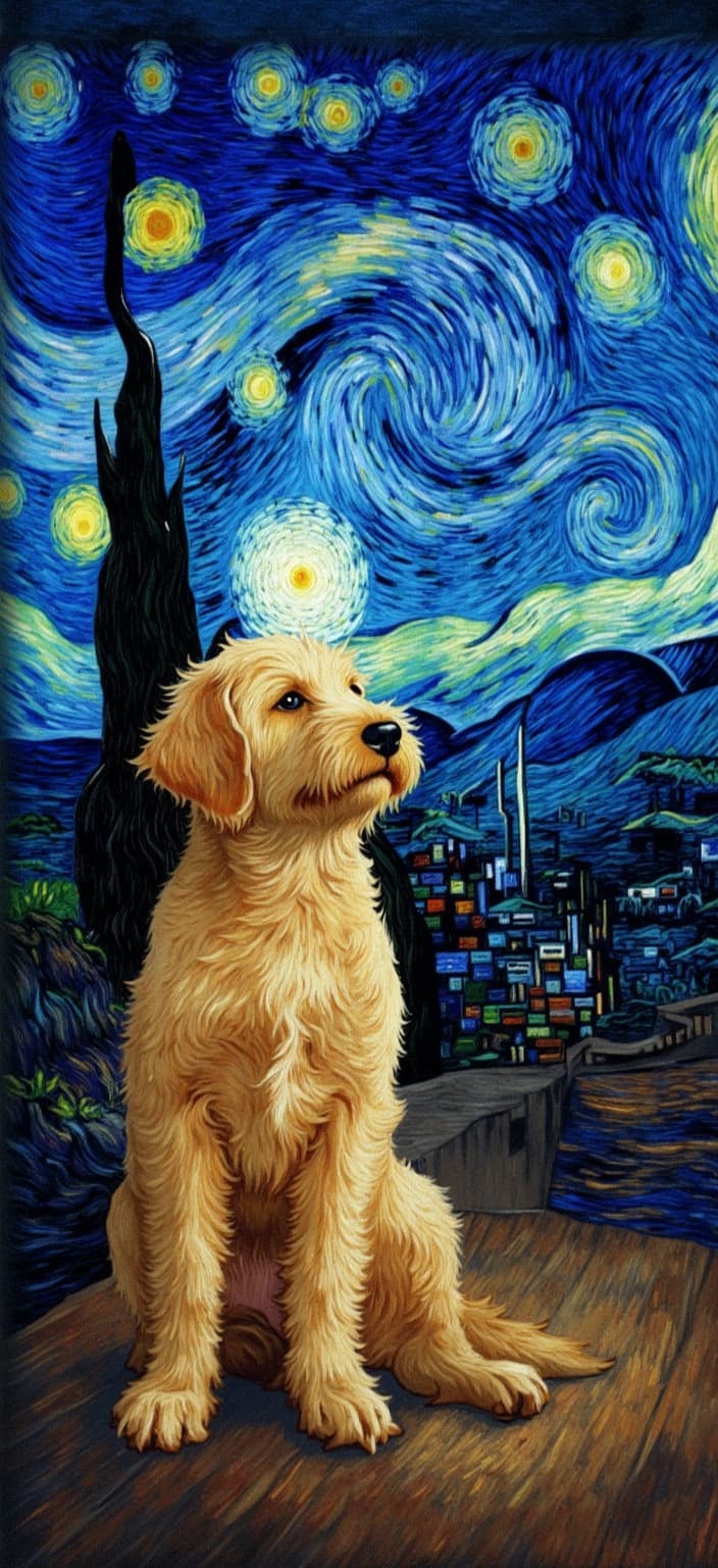 van_gogh, In the foreground of this captivating digital artwork, a fluffy puppy Golden Doodle sits attentively, its expressive eyes wide with wonder as it gazes up at the vast, starry sky above. The night sky is alive with swirling constellations and radiant stars, each painted with intense, vivid colors that seem to pulsate with energy and life. Deep blues and rich purples dominate the sky, contrasted strikingly by the warm glow of scattered golden and orange stars, creating a mesmerizing tapestry of light and color that feels both infinite and intimate.
The brushwork is dynamic and expressive, with thick, impasto layers applied to give the scene a palpable texture. Loose, curling brushstrokes mimic the gentle curls of the puppy's fur, echoing the swirling patterns of the celestial background. This rhythmic quality infuses the painting with a sense of movement and emotional depth, as if capturing a fleeting, yet profound moment of connection between the earthly and the ethereal.
This artwork is designed to be the centerpiece of any digital wallpaper, ensuring a crisp, clean look suitable for display. The composition is perfectly centered, drawing the viewer's eye directly to the heart of this enchanting scene. The painting, infused with raw emotion and a sense of urgency, manages to convey both a deeply personal encounter and a universally compelling vision of wonder and exploration.