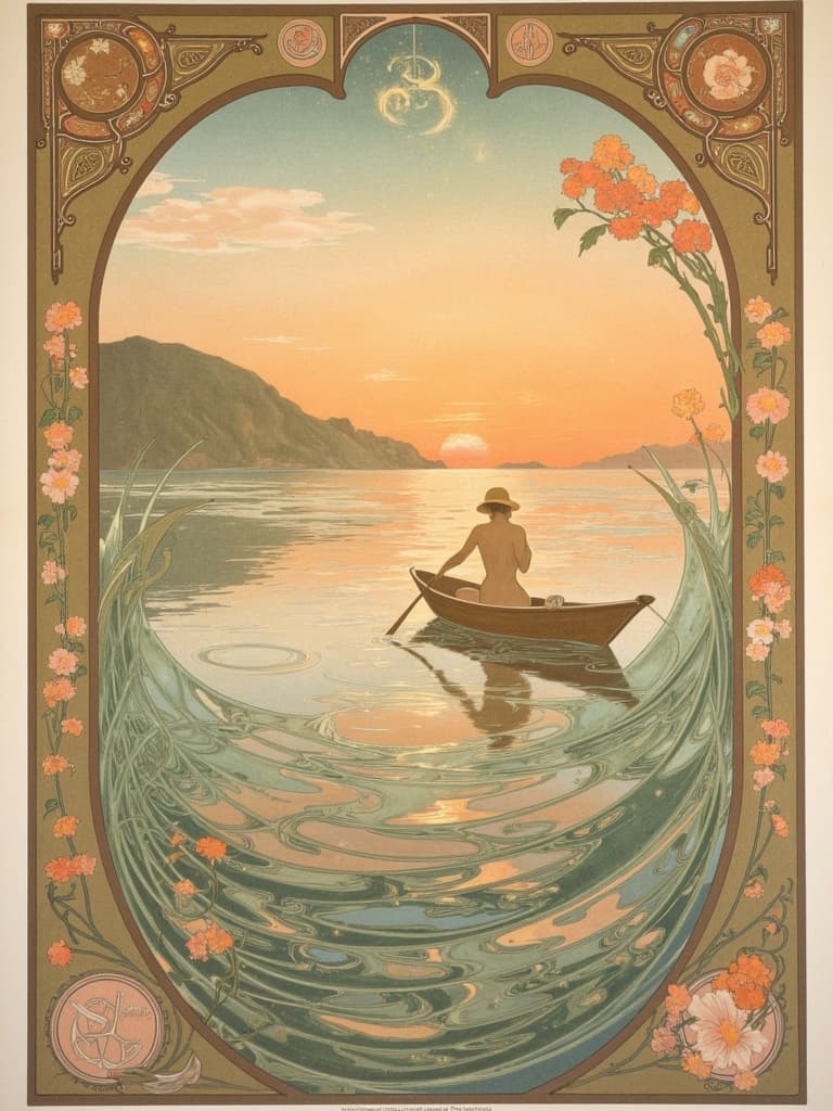 mucha, The painting is centered around a serene scene featuring a small rowboat with a man in a straw hat, depicted from behind, gently drifting through rhythmic, undulating waves that reflect the warm hues of a breathtaking sunset. This artwork draws inspiration from the flowing, organic lines and intricate decorative patterns characteristic of the Art Nouveau style, particularly the romantic and harmonious aesthetics typical of Alphonse Mucha. The composition is suffused with a delicate palette of colors that softly transition from the golden and pinkish tones of the setting sun to the deeper blues and purples of the encroaching twilight.
In this dreamlike scene, the water is adorned with exuberant floral motifs—sinuous vines and blooming flowers seem to dance upon the surface, merging seamlessly with subtle geometric patterns. The sky above features celestial elements, with stars beginning to twinkle amidst the soft clouds, lending an ethereal quality to the upper portion of the painting.
The entire image is enclosed within an elaborate ornamental frame, its design reminiscent of a grand Gothic window. This sweeping border is rich with detailed embellishments, including organic patterns, stylized flowers, and celestial symbols. The frame acts as both a visual unifier and a gateway into this enchanting world, where nature and human emotion are intricately woven together, creating a poetic and harmonious balance.
This exquisite painting captures the tranquility and subtle emotion of the moment, making it an ideal subject for a digital wallpaper designed to bring a touch of elegance and serene beauty to any wall space.