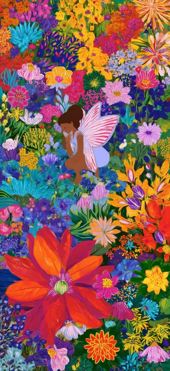 colorful_illustration, Enriched prompt:
In the center of the painting, a serene fairy kneels gracefully beside a tranquil lily pond, her delicate fingertips gently caressing the water's surface. She is surrounded by a vibrant tapestry of koi fish and blossoming lotus flowers, each painted in rich, vivid hues that dance with the light, creating a dynamic interplay of colors. Her reflection in the water is a mesmerizing mirrored pattern, adding an element of symmetry and wonder to the scene.
The painting draws inspiration from a vibrant and colorful illustration style, characterized by a playful, dynamic, and hand-drawn feel. The background is an exquisite composition of organic shapes, adorned with scattered decorative elements, including an array of leaves and floral motifs. These elements are arranged harmoniously across the canvas, imbuing the design with a natural, free-flowing quality that captivates the eye.
Embracing a lavish, decorative style, the intricate composition blends bold organic shapes with delicate details. Scattered ornamental elements, such as dots, swirls, and abstract motifs, add layers of complexity and charm. The luxurious layering of colors and patterns creates a profound sense of depth and movement, drawing the viewer deeper into the fairy's enchanted world.
The organic shapes and radial floral patterns further enhance the hand-drawn feel of the painting, reminiscent of Scandinavian folk art and mid-century botanical prints. This fusion of styles results in a harmonious and enchanting visual narrative, ideal for digital wallpaper, where the intricate details and vibrant colors can be fully appreciated and enjoyed.