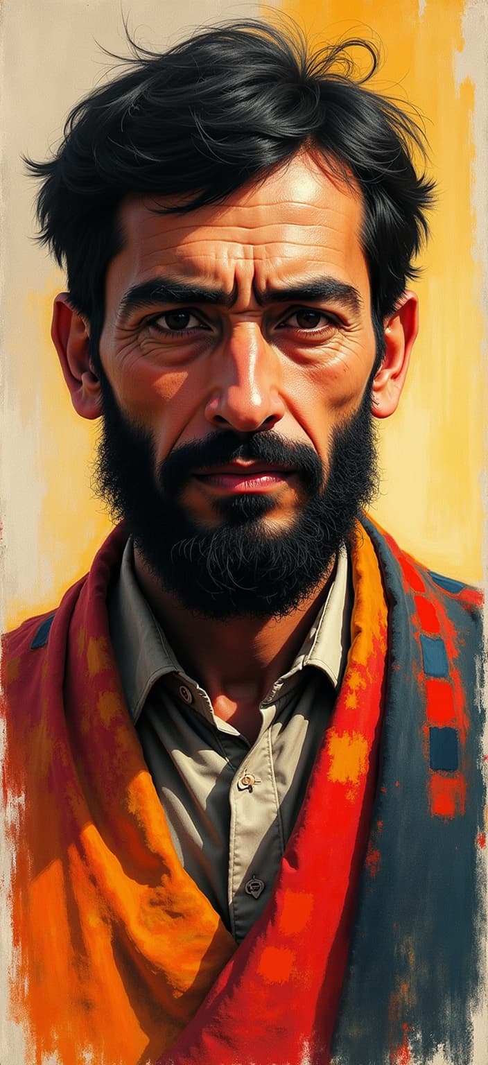 rothko, Create a captivating image of a Kurdish man, illustrated with a palette that layers translucent colors to evoke an "inner light" and remarkable luminosity. The man's traditional attire is intricately detailed, with textures that suggest a depth and history embedded within each fabric fold. His facial features convey wisdom and resilience, capturing the spirit and cultural essence of the Kurdish people. The use of color is paramount; hues melt and fuse together, with boundaries between shapes purposefully blurred. At close inspection, the paint appears to drip or run in unconventional directions, creating a richly varied surface. These techniques create floating zones of color that hover weightlessly across the digital canvas. From a distance, the softened edges of these rectangles and shapes come together to form a harmonious image, inviting viewers to focus and admire the luminous complexity. The image is centered, ensuring a crisp, clean look ideal for transforming into a stunning digital wallpaper, ready to grace any screen with its unique blend of tradition and modern artistry.