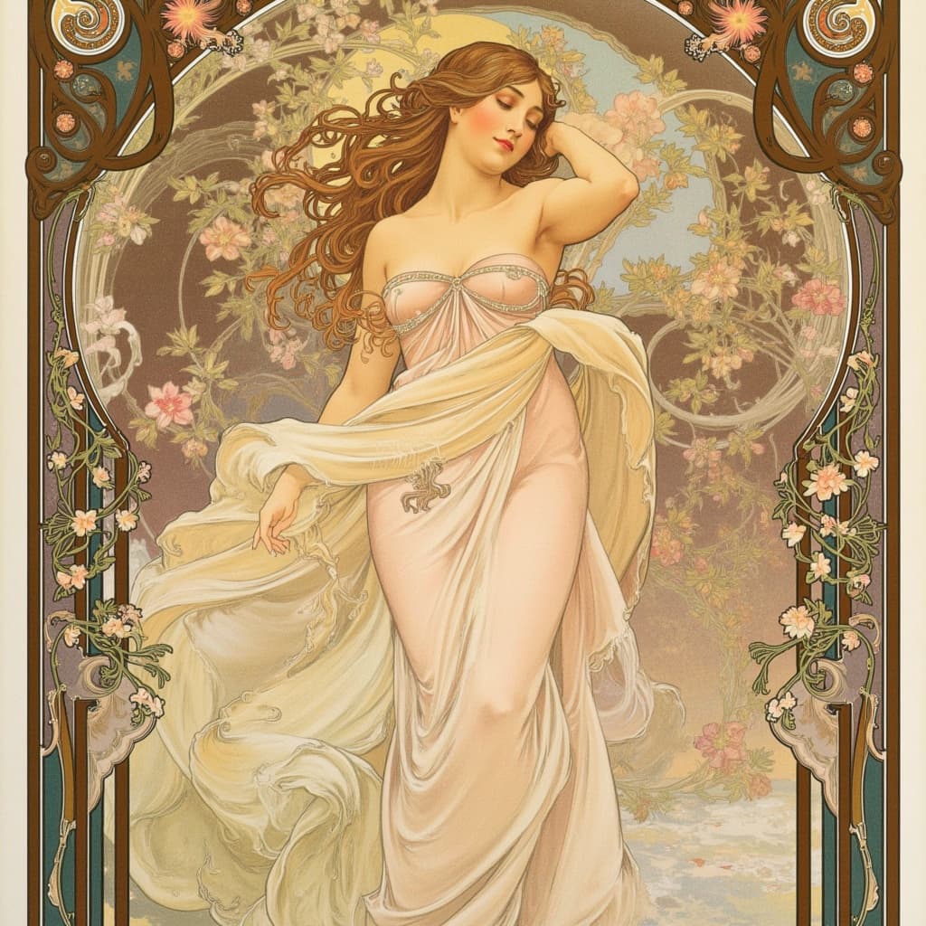 mucha, A stunning painting of a nymph-like female figure is at the center of this artwork. She is adorned with ornate decorations that echo the intricate beauty of nature itself. Her flowing hair cascades like gentle streams, interwoven with delicate vines and adorned with blooming flowers. Her ethereal presence is further enhanced by celestial elements, such as twinkling stars and a gentle moonlit glow that adds an otherworldly charm to her figure.
The painting is infused with the flowing, organic lines and intricate decorative patterns characteristic of a Mucha-inspired style. The background is a dreamlike tapestry of swirling natural motifs that seamlessly blend with the figure, creating a romantic and harmonious aesthetic. The palette is a soft symphony of delicate colors, with pastel hues harmonizing with exuberant floral motifs.
The composition is elegantly framed within an elaborate ornamental border, reminiscent of a grand Gothic window. This intricate frame, with its sweeping curves and detailed embellishments, is adorned with organic patterns of vines, flowers, and celestial symbols. It acts not only as a visual unifier but also as a gateway, inviting the viewer into a poetic realm where nature and human emotion intertwine seamlessly.
This centered composition ensures a crisp, clean look, making it a perfect piece of wall art. The painting is poised to captivate any viewer, turning any space into an enchanting abode where fine art and design merge in exquisite harmony.