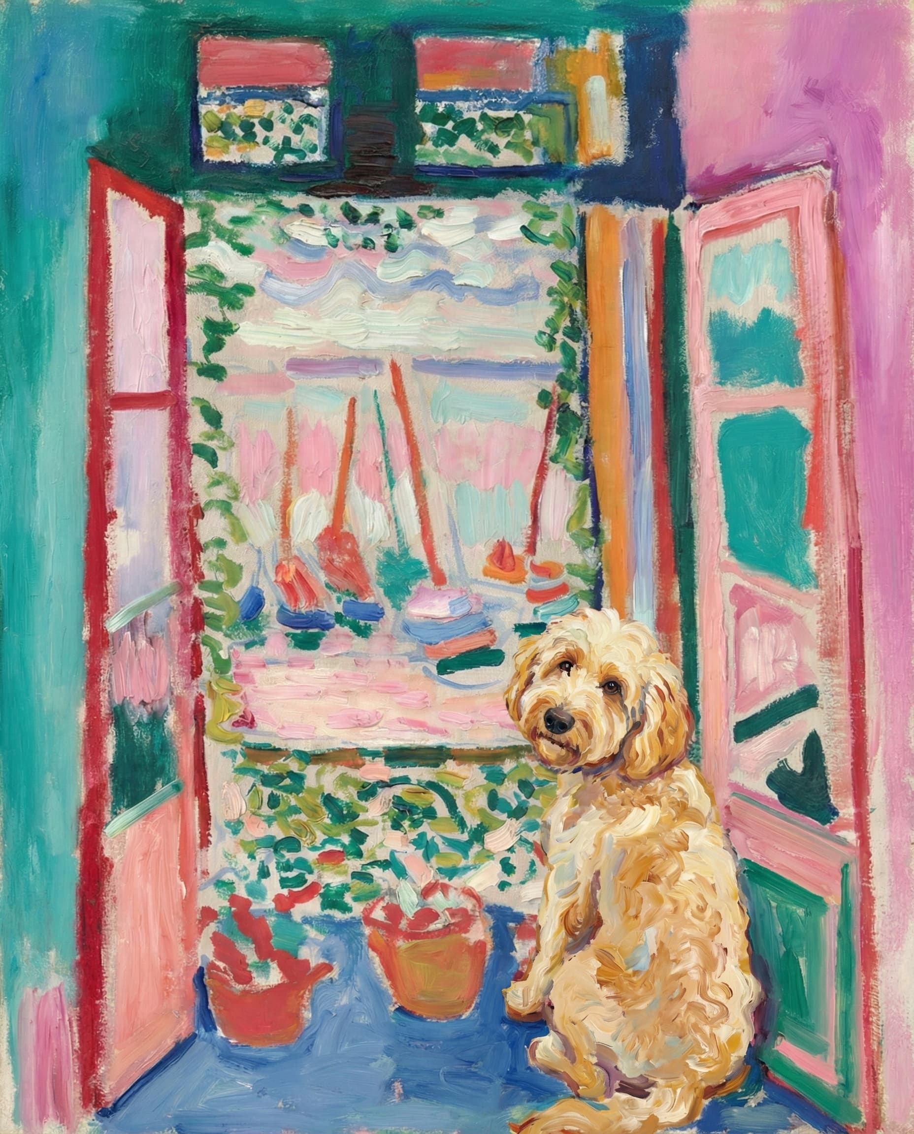 Impressionist pet portrait in Open Balcony style with Mediterranean sea view through open door