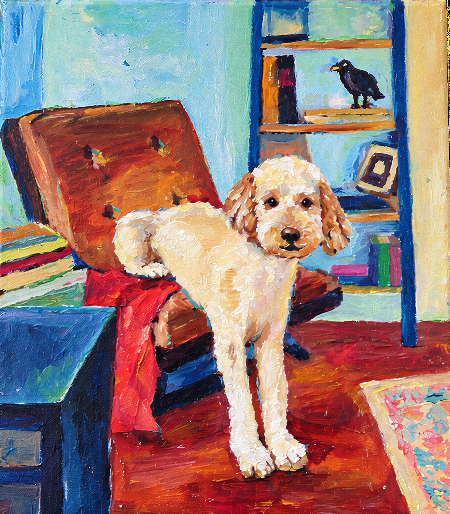 Impressionist impasto pet portrait of a cream doodle standing on its front paws, back legs on a brown armchair with a red blanket