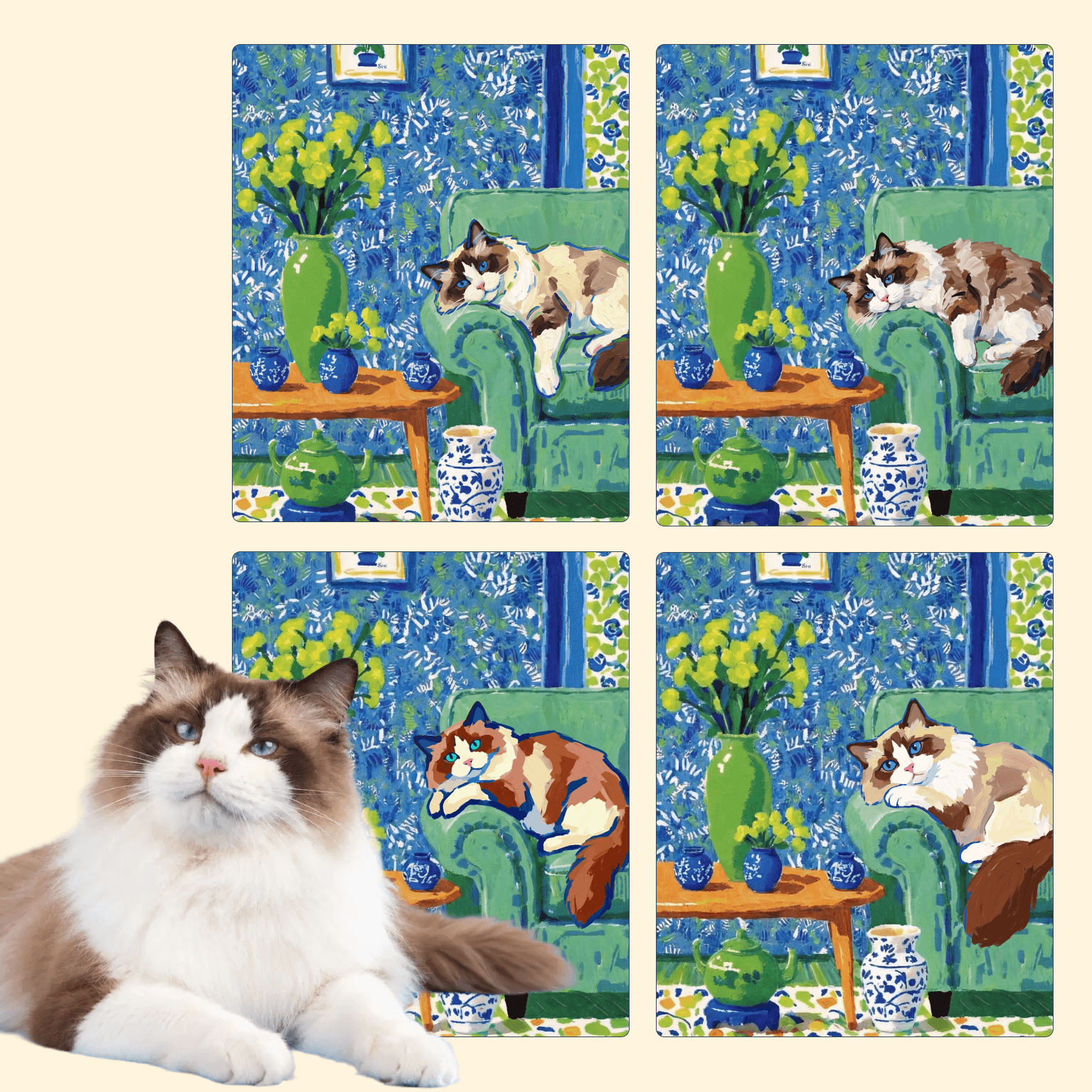 A ragdoll cat beside four painted versions of itself, each lounging on a green armchair in the same blue patterned room