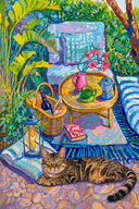 Impressionist pet portrait in the Afternoon Garden style, pet lounging on a sun-warmed Mediterranean balcony