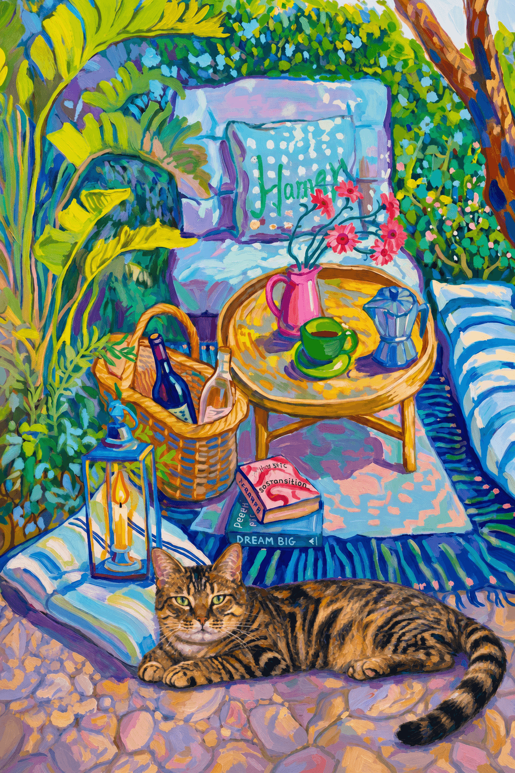 Impressionist pet portrait in the Afternoon Garden style, pet lounging on a sun-warmed Mediterranean balcony