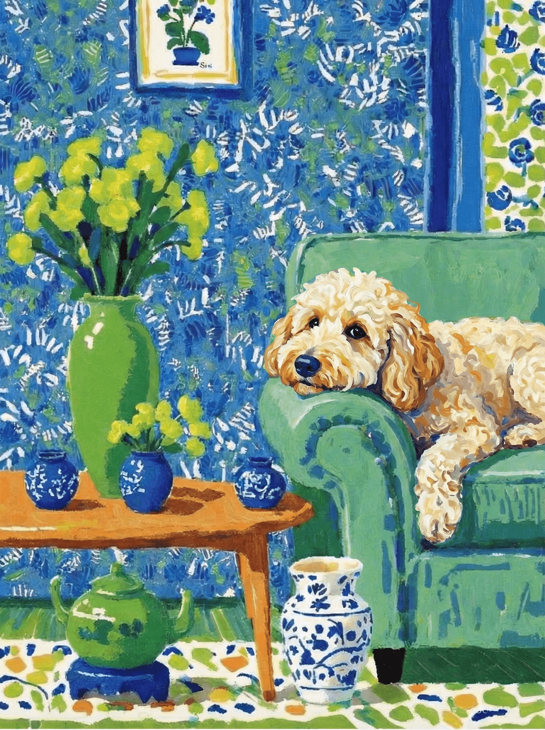 Impressionist pet portrait in The Art of Doing Nothing style with blue-green ceramic interior