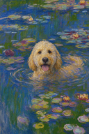 Impressionist pet portrait in the Water Lilies style, pet at the center of a Monet-inspired pond with floating lily pads