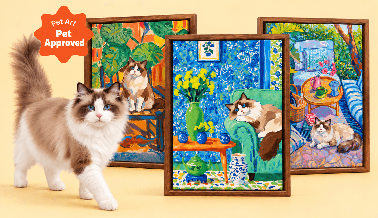Three framed impressionist cat portraits displayed together as a gallery wall, custom canvas art made from pet photos