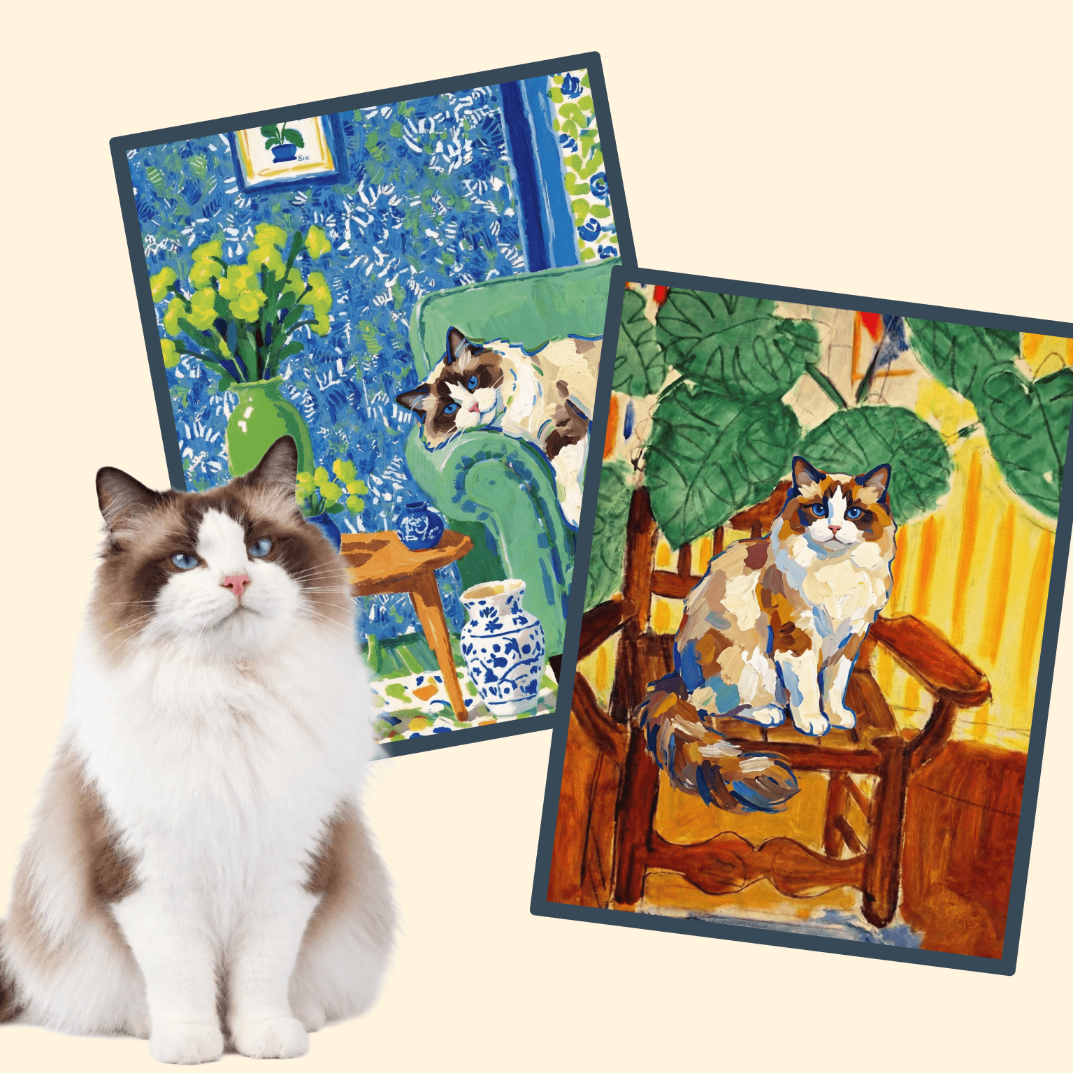 A ragdoll cat sitting beside two paintings of itself in different art styles, one lounging on a green armchair and one sitting on a wooden chair
