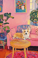 Impressionist pet portrait in the Pink Sofa style, pet curled up on a plush pink sofa in soft warm light