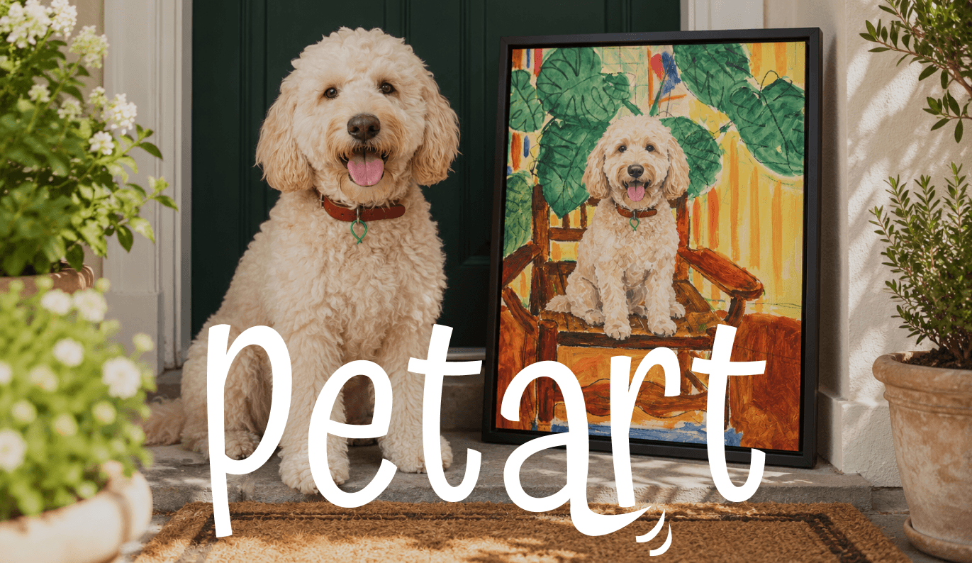 A goldendoodle sitting beside its framed Pet Art canvas on a front porch