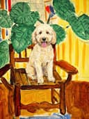 Impressionist pet portrait of a Siamese cat in The Good Chair style, warm sunlit room with monstera plants
