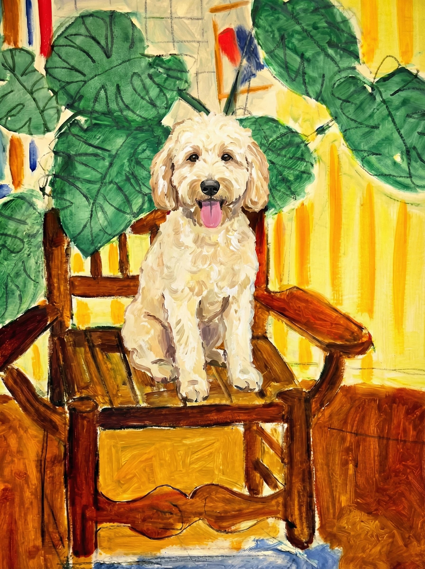 Impressionist pet portrait of a Siamese cat in The Good Chair style, warm sunlit room with monstera plants