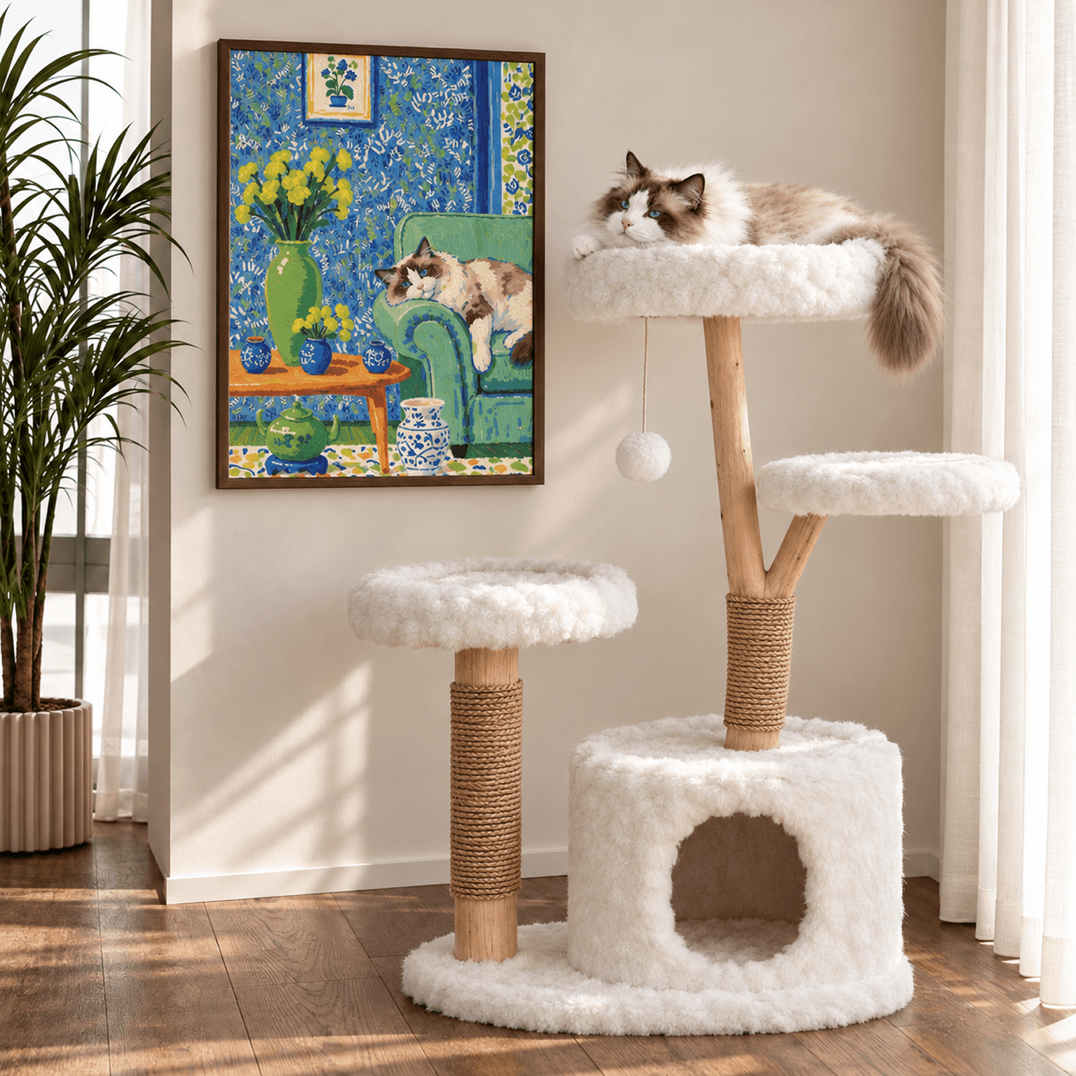 A ragdoll cat resting on a cat tree beside its framed canvas painting hanging on the living room wall