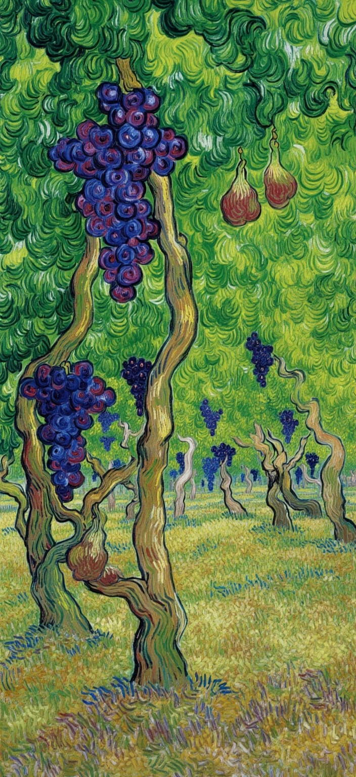 van_gogh, In the center of this vibrant digital wallpaper, a mesmerizing still life composition unfolds, capturing the essence of a serene vineyard. Grapes and figs hang luxuriously on twisting vines, their plump forms rendering a deliciously tactile allure. Bathed in dappled sunlight, the interplay of light and shadow dances across the scene, enhancing the natural textures and contours of the fruit.
This artwork draws inspiration from a style characterized by intense color, dynamic brushwork, and bold, expressive compositions. Vivid, rich hues envelop the canvas—deep purples and lush greens cascade into each other, applied in thick, impasto layers to evoke a sense of movement and emotional depth. The bold complementary color contrasts, such as the rich purples of the figs against the verdant green leaves, heighten the visual impact and intensity of the piece.
Loose, energetic brushstrokes swirl across the surface, reminiscent of curly, flame-like patterns that imbue the scene with a rhythmic, almost pulsating quality. This dynamic touch, coupled with vigorous, linear patterns, injects a unique sense of motion and vitality, capturing the tranquil yet lively spirit of a vineyard.
The painting is infused with raw emotion and a sense of urgency, making it both deeply personal and universally compelling. Suitable for printing as a digital wallpaper, this artwork promises to transform any space with its vibrant color palette and expressive, life-affirming energy. The composition is precisely centered, ensuring a crisp, clean look that will captivate viewers and enhance any modern interior with its painterly charm and evocative storytelling.