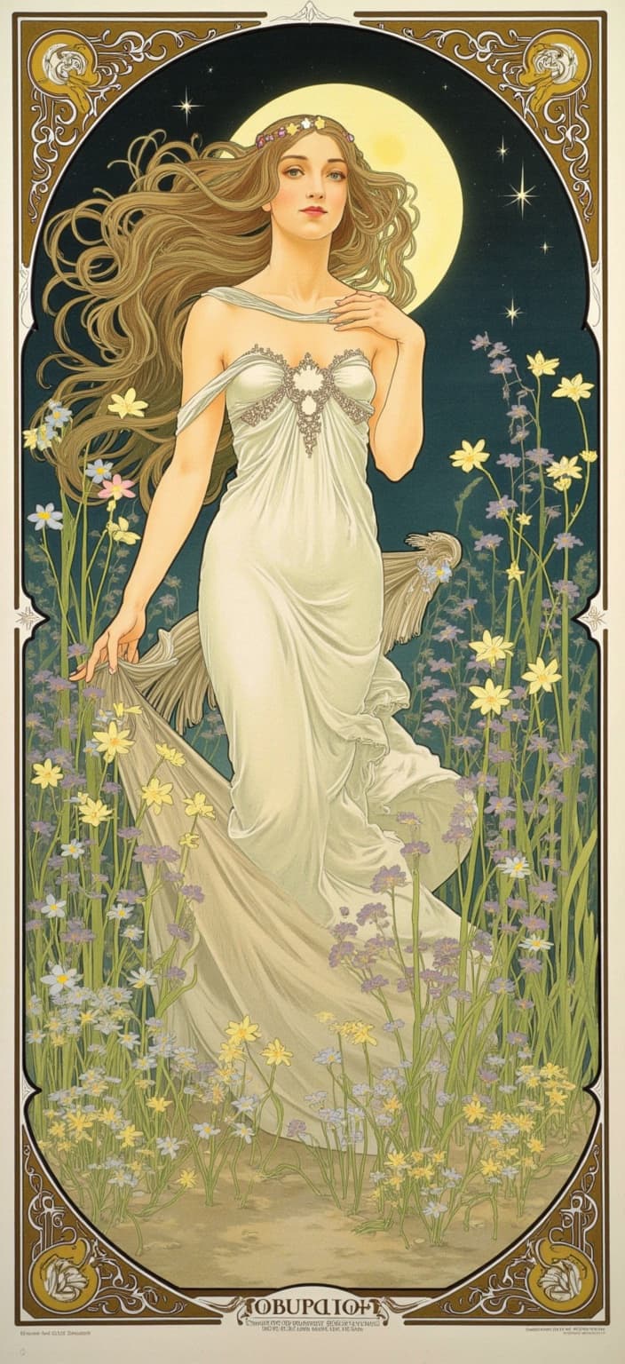 mucha, In a dreamlike realm under the gentle embrace of moonlight, a mystical fairy stands gracefully among a lush carpet of violets and forget-me-nots. Her luminous hair, resembling silver threads, cascades down her shoulders, reflecting the celestial glow. Stylized stars are intricately woven into the fabric of her wings and delicate dress, adding a touch of ethereal magic to her presence.
The artwork draws inspiration from the flowing, organic lines and intricate decorative patterns reminiscent of Mucha's style, merging natural motifs with celestial elements. The scene radiates a romantic and harmonious aesthetic, where finely detailed vines, blooming flowers, and subtle geometric patterns blend seamlessly with the fairy's enchanting form.
Surrounding this ethereal vision is an elaborate ornamental frame, echoing the grandeur of a Gothic window with its sweeping curves and detailed embellishments. This intricate border, adorned with organic patterns, flowers, and celestial symbols, not only unifies the composition but also invites the viewer to step into a realm where nature and human emotion entwine in poetic harmony.
The background, highly stylized yet subtly ornate, further enhances the fairy's mystical presence, creating a digital wallpaper that captures the imagination with its refined, ornate beauty.