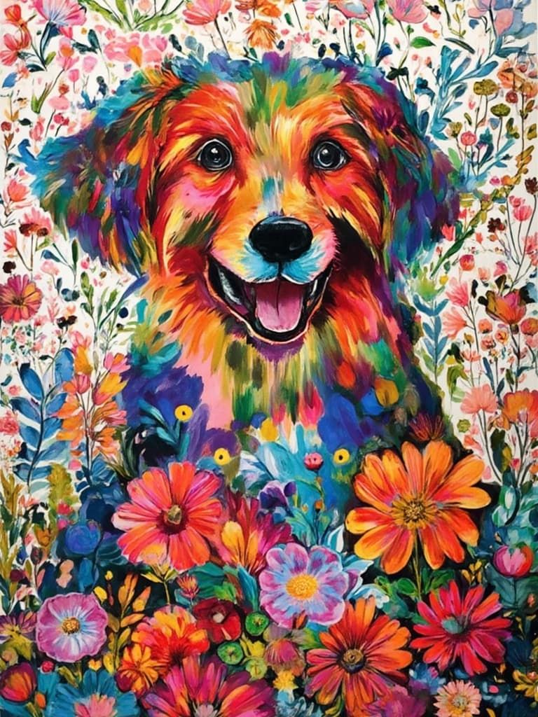 colorful_illustration, The painting features a joyful, smiling dog that radiates warmth and happiness, positioned centrally to capture the viewer’s attention immediately. The dog’s fur is intricately detailed with vibrant colors, capturing the lively essence of its playful nature. Its eyes sparkle with a hint of mischief, and its slightly tilted head adds an endearing charm.
The background unfolds a lush and vibrant tapestry inspired by Scandinavian folk art and mid-century botanical prints. The canvas is awash with a spectrum of bold and dynamic colors, layered luxuriously to evoke a sense of movement and vitality. Organic shapes blend seamlessly with delicate details, creating a dynamic interplay of depth and texture.
Scattered throughout the composition are intricate decorative elements such as dots, swirls, and abstract motifs, each contributing to a sense of whimsy and liveliness. The scene is further enriched with a harmonious arrangement of various leaves and floral elements that radiate outward in a radial pattern, enhancing the free-flowing, hand-drawn quality of the piece.
This vibrant and colorful illustration is designed with a crisp, clean look, making it ideal for wall-art. The overall composition exudes a sense of joy and tranquility, inviting viewers to lose themselves in its intricate details and the delightful presence of the smiling dog.
