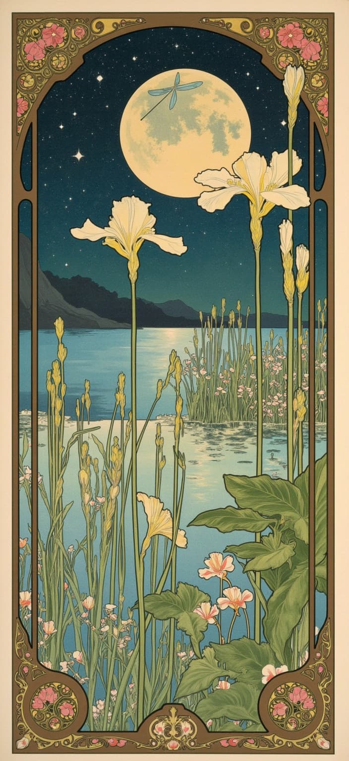 mucha, Create an enchanting and dreamlike painting of a serene lakeside scene under a mesmerizing starry night sky, meticulously inspired by the graceful and flowing lines characteristic of the Art Nouveau style, particularly reflecting the influence of Alphonse Mucha’s exquisite works. This ethereal landscape is devoid of any human presence or man-made structures, allowing nature’s elegance to take center stage. Along the lake's edge, iris flowers stand elegantly beside clusters of bullrushes and delicate reeds, each element lovingly detailed with intricate patterns that capture the organic essence of the scene.

In the foreground, two large dragonflies, with wings delicately shimmering in the moonlight, face one another, adding a touch of whimsy and life to the composition. Sinuous vines entwined with blooming flowers weave gracefully through the image, enhancing the romantic atmosphere with their lush and harmonious color palette. These hues, gentle and evocative, infuse the painting with a sense of tranquility and timeless beauty.

The background is a masterful blend of stylization, merging elements of fine art and design to create an ethereal vista that transports viewers into a dreamlike state. The entire image is framed by an elaborate ornamental border, echoing the elegant whiplash curves and organic patterns emblematic of Art Nouveau, adorned with celestial motifs and blossoms. This border is intentionally asymmetrical, providing visual intrigue and ensuring that the painting feels alive and dynamic. A singular large iris flower boldly emerges from the scene, breaking the boundary of the frame to add depth and dimensionality.

This artwork is crafted to be the perfect digital wallpaper for a smartphone, seamlessly combining beauty and functionality. Its dreamlike quality invites viewers into a world where nature's purity reigns supreme, encapsulated within a refined, ornamental frame that serves as both a gateway and a testament to the poetic harmony between nature and art.