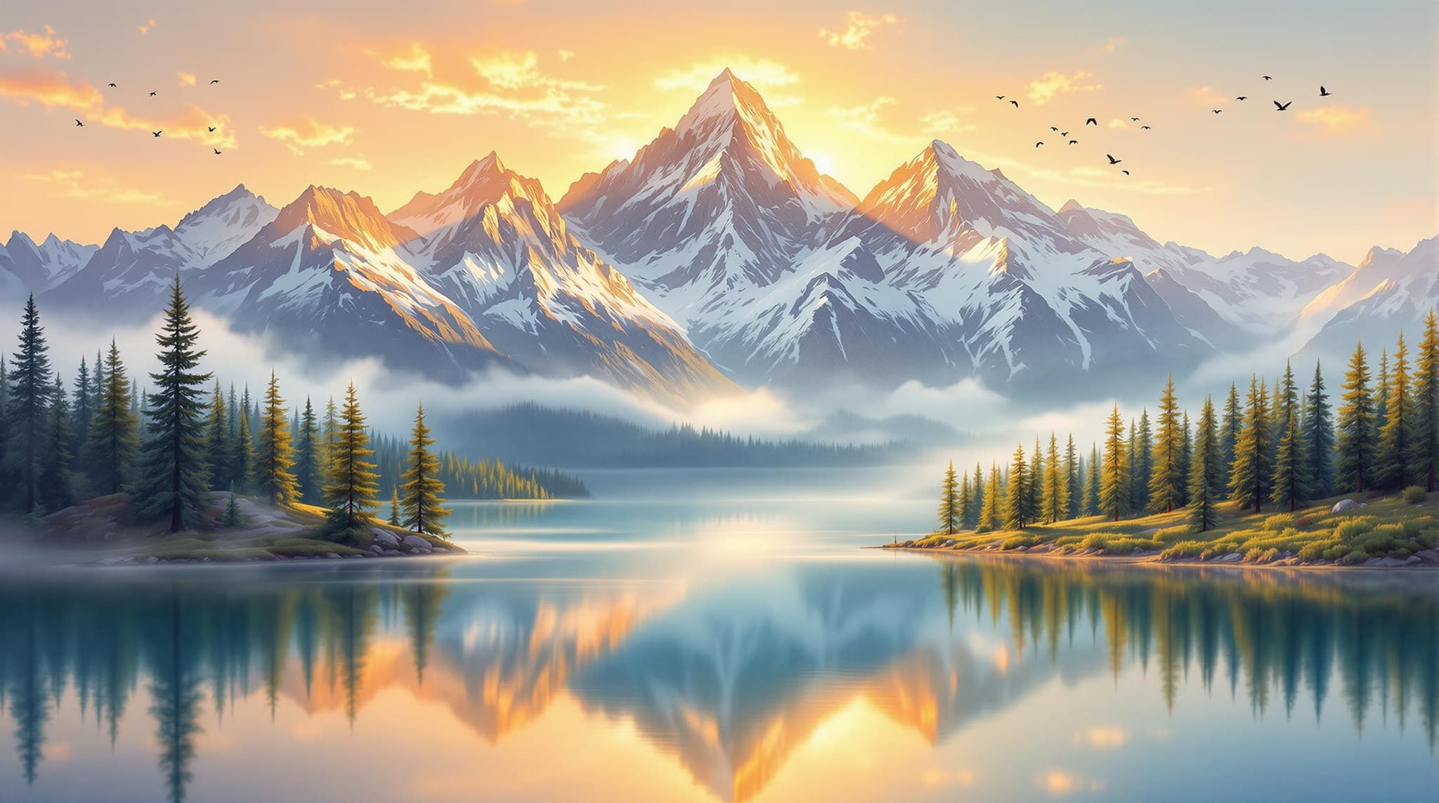 , The painting captures a breathtaking mountain landscape at sunrise, rendered in a classical style that evokes a sense of timeless beauty and serenity. The scene is a harmonious blend of nature's grandeur and tranquility, perfectly suited for a digital wallpaper. Centered to create a crisp, clean look, the composition features majestic, snow-capped peaks bathed in the golden glow of the rising sun. The warm rays of sunlight cascade gently over the mountains, highlighting their rugged contours and adding depth to the scene.
In the foreground, a serene lake mirrors the mountains and sky, its surface an ethereal canvas of vibrant colors that shift with the light. The reflection is so precise and detailed, it blurs the line between reality and its mirrored image. Surrounding the lake, lush pine forests stand as silent guardians, their verdant hues contrasting beautifully with the snow-draped summits. A soft mist drifts lazily above the water, adding a dreamy layer to the tranquil atmosphere.
In the distance, a flock of birds takes flight, their silhouettes elegantly etched against the dawn sky. The ultra-realistic portrayal, high detail, and vivid colors evoke a peaceful ambiance that is both invigorating and calming. The artwork is crafted in a 4K resolution with a wallpaper aspect ratio, ensuring it is perfectly framed for use as digital wallpaper, infusing any space with nature's awe-inspiring beauty and the classical style's eternal elegance.