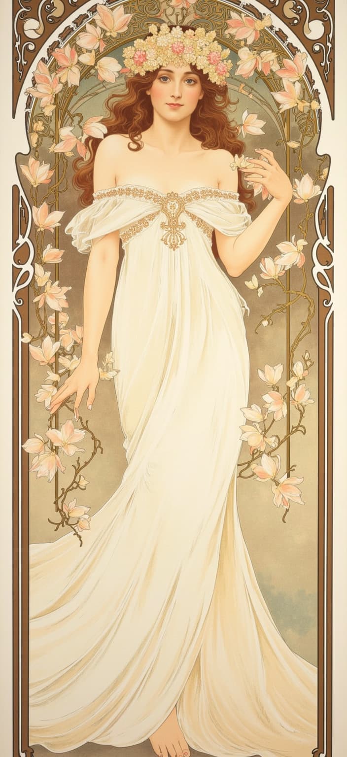 mucha, A magnificent painting emerges, capturing a regal figure at its heart, adorned with an elaborate crown of magnolia blooms, each petal meticulously detailed and exuding elegance. The figure is draped in a flowing white gown that seems to ripple like water, embodying grace and sophistication. Encircling the majestic figure are stylized magnolia branches painted in delicate pastel pinks and shimmering golds, accentuating the serene yet regal ambiance of the scene.
The backdrop is a softly blended painterly expanse, a dreamlike haze that enhances the ethereal quality of the composition. This artwork draws inspiration from the flowing, organic lines characteristic of Mucha’s work, with intricate decorative patterns and a harmonious blend of natural motifs such as flowers, vines, and celestial elements. The painting exudes a romantic aesthetic, seamlessly merging fine art with design, encapsulating the viewer in its timeless beauty.
The composition is enriched with a delightful palette of delicate colors, celebrated through exuberant floral motifs, sinuous vines, and subtly integrated geometric patterns. These elements imbue the painting with an ornamental quality, refined and sophisticated. Mucha’s signature blend of style is evident, as the interplay between figure and nature reflects a poetic harmony.
The entire scene is framed within an elaborate ornamental border, reminiscent of a grand Gothic window. This intricate frame, adorned with organic patterns, flourishing flowers, and celestial symbols, serves as both a visual unifier and an imaginative gateway, inviting the viewer into a dreamlike realm where nature and human emotion are artfully intertwined.
This stunning creation, with its crisp, clean design, is meticulously centered, making it exceptionally suitable for printing as a digital wallpaper. The artwork not only elevates the aesthetics of any space it adorns but also evokes a sense of tranquility and wonder, encapsulating the beauty and intricacy of nature intertwined with human elegance.