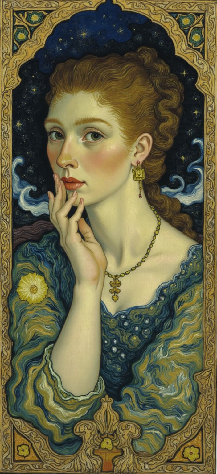 van_gogh, The enriched portrait of a woman exudes an aura of elegance and mystery as she faces the viewer with a serene expression. Her delicate necklace, an intricate masterpiece, gleams under the soft celestial light, drawing attention to its exquisite design. The painting is infused with the vibrant, intense style reminiscent of Vincent van Gogh, characterized by bold, expressive brushwork that captures both movement and emotion. Her auburn hair, alive with swirling, dynamic brushstrokes, is adorned with delicate flowers and vines that seamlessly blend into the composition, symbolizing a harmonious connection with nature.
Her attire, understated yet gracefully detailed, bears decorative patterns echoing the motifs of Art Nouveau, creating a rhythmic visual symphony that captivates and draws the observer deeper into the artwork. The dreamlike backdrop features celestial elements—ethereal stars and gentle moonbeams—interwoven with highly stylized swirling mists and geometric patterns, evoking a sense of romantic nostalgia.
The painting is further brought to life by a vibrant palette of rich colors—vivid blues and oranges, and warm yellows and purples—applied in thick, impasto layers, creating a pulsating, rhythmic quality in the background. Exuberant floral motifs, with sinuous vines and blooming flowers, weave through the composition, enhancing its refined, ornamental quality.
An elaborate ornamental frame, reminiscent of a grand Gothic window, encases the artwork, its ornate curves, organic patterns, and celestial symbols serving as a visual anchor. This intricate border not only enriches the piece but also acts as a gateway into this ethereal realm, where nature and human emotion intertwine in poetic harmony.
The resulting artwork transforms any digital device into a portal to a dreamlike world, making this digital wallpaper not only an exquisite piece of art but also a statement of beauty and elegance, perfect for anyone seeking to elevate their screen with a touch of classic sophistication and raw emotional intensity.