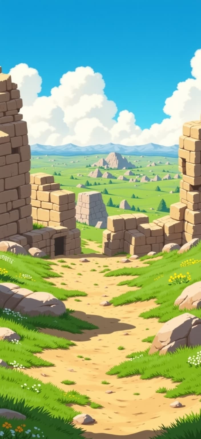 ghibli_illustration, In this painting, imagine the ruins of Tel Megiddo gently embraced by a serene, post-apocalyptic landscape. The remnants of ancient structures rise solemnly from the earth, their crumbling facades hinting at stories from a bygone era. Surrounding these historic ruins, peaceful meadows stretch out in all directions, their grasses swaying gently in a warm, natural breeze that carries a sense of tranquil renewal. Sunlight bathes the scene in a cozy, inviting warmth, casting gentle shadows that play among the ruins and meadows alike.
The style draws inspiration from hand-drawn animation, bringing the scene to life with richly detailed backgrounds and expressive character designs. Bright, vivid colors breathe life into the painting, yet they hold a slightly muted tone to preserve a dreamy, nostalgic ambiance. Every element of the painting is imbued with soft, painterly textures that hint at a hand-drawn feel, with pencil sketches creating subtle imperfections and organic movement. Everyday objects and textures within the scene are meticulously rendered, offering a tangible, lived-in quality that resonates with the viewer.
The composition is centered, ensuring the image is crisp and clean, perfectly suited for printing as a digital wallpaper. The warmth of the natural lighting and the attention to proportion and visibility of the main subjects ensure a harmonious balance, capturing a whimsical and joyful aesthetic that invites viewers into this serene, dreamlike world.