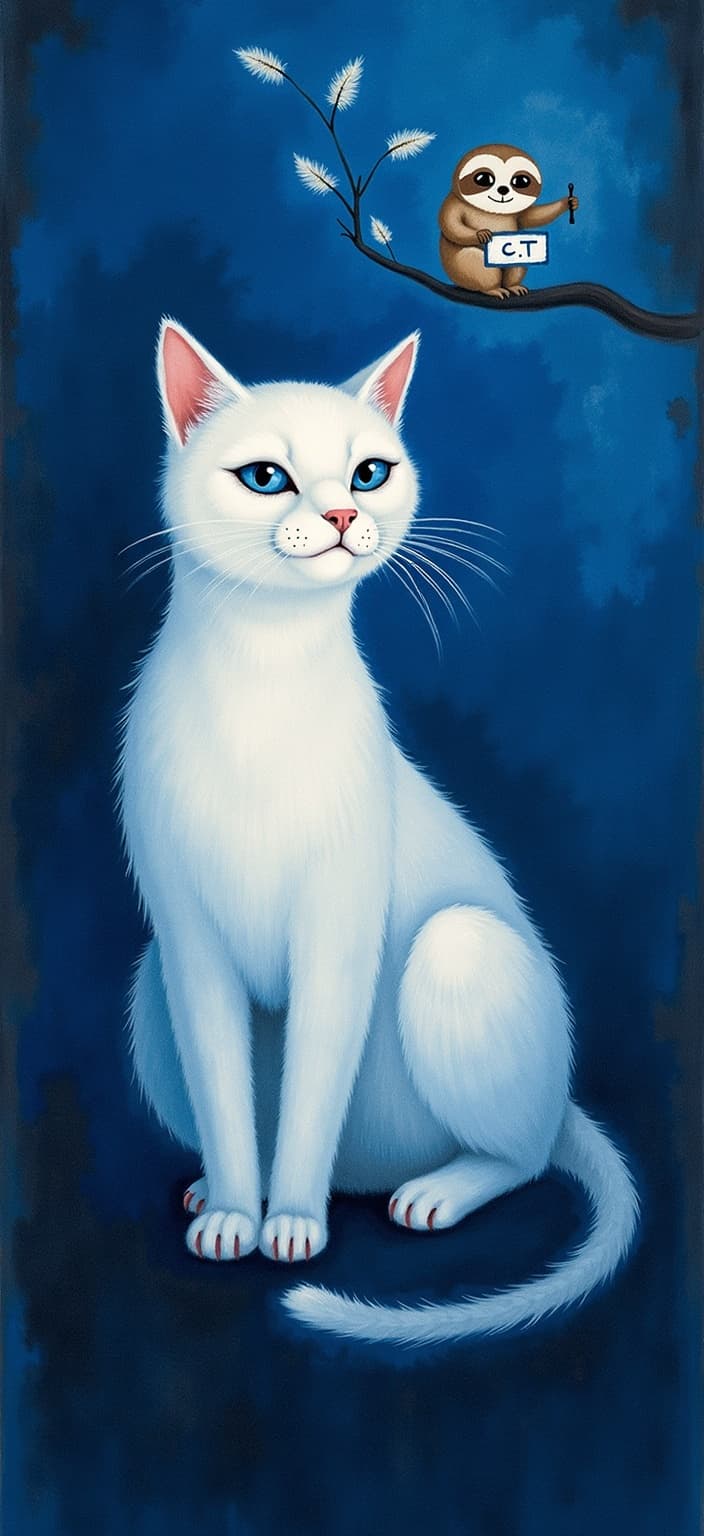 rothko, Title: "Harmony in Hues: A Serene Encounter"
Enriched Description:
In the center of this mesmerizing digital wallpaper, a delicate white cat, delicately adorned with soft, light coffee-hued patches, sits poised and regal. Her eyes are profound pools of deep blue, reminiscent of the twilight sky. This enchanting creature is enveloped in an ethereal dark blue backdrop, creating a serene and immersive atmosphere that invites the viewer to delve deeper into its mysteries.
Beside the graceful feline, a whimsical sloth clings gently to a slender branch, exuding an aura of tenderness and serenity. The sloth holds a small, charming sign inscribed with the initials "CT," adding a touch of intrigue and personalization to the scene.
The painting draws inspiration from a style characterized by the complex layering of translucent colors, which imbue the artwork with a captivating "inner light" and breathtaking luminosity. Richly varied surfaces enhance the sense of depth, with paint drips and strokes flowing in unconventional directions. At a closer glance, the colors appear to melt and blend seamlessly, forming blurred boundaries between the shapes. From a distance, the soft-edged forms hover weightlessly on the canvas, creating floating zones of color that mesmerize and captivate.
This harmonious composition is meticulously centered, ensuring a crisp, clean aesthetic that is perfect for digital wallpaper. It transforms any screen into a portal of tranquility and beauty, where the playful dance of color and light evokes emotions of wonder and peace.