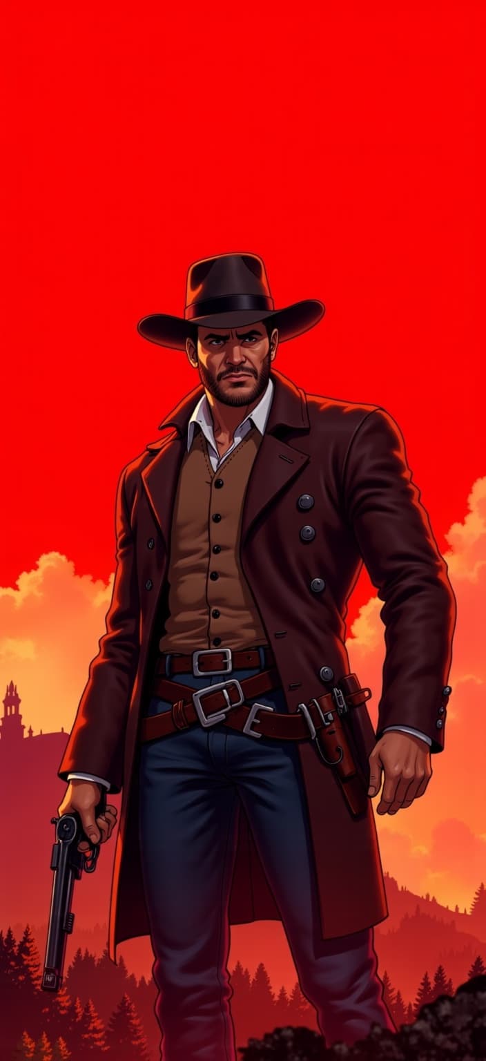 ghibli_illustration, In the center of the image, Arthur Morgan, the rugged and iconic figure from the wild west, stands with a commanding presence, gripping a gun with confidence and precision. His expression is both intense and contemplative, capturing the complexities of his character. The background is an arresting shade of red, creating a vibrant yet harmonious contrast with the soft, painterly textures that envelop the scene.
The image is painted in a style inspired by hand-drawn animation, where richly detailed backgrounds and expressive character designs abound. The scene is alive with vivid yet slightly muted colors, rendered with a whimsical and joyful aesthetic that infuses the artwork with a sense of nostalgia and dreamlike wonder. The warm, natural lighting bathes Arthur in a cozy glow, emphasizing the inviting mood of the piece.
Arthur's features are meticulously crafted, ensuring accurate proportions and clear visibility, allowing viewers to connect with his character instantly. The background, though richly detailed, does not overshadow the main subject but instead complements it, creating an organic movement that draws the viewer's eye naturally. Everyday objects and textures are discernible, lending a tangible and lived-in feel to the piece.
This digital wallpaper is designed to captivate and inspire, making it a perfect fit for print. Its dreamy, nostalgic quality, along with subtle imperfections and a hand-drawn feel, creates an engaging visual experience that transforms any digital space into a portal to the old west, inviting viewers to journey alongside Arthur Morgan in his storied adventures.