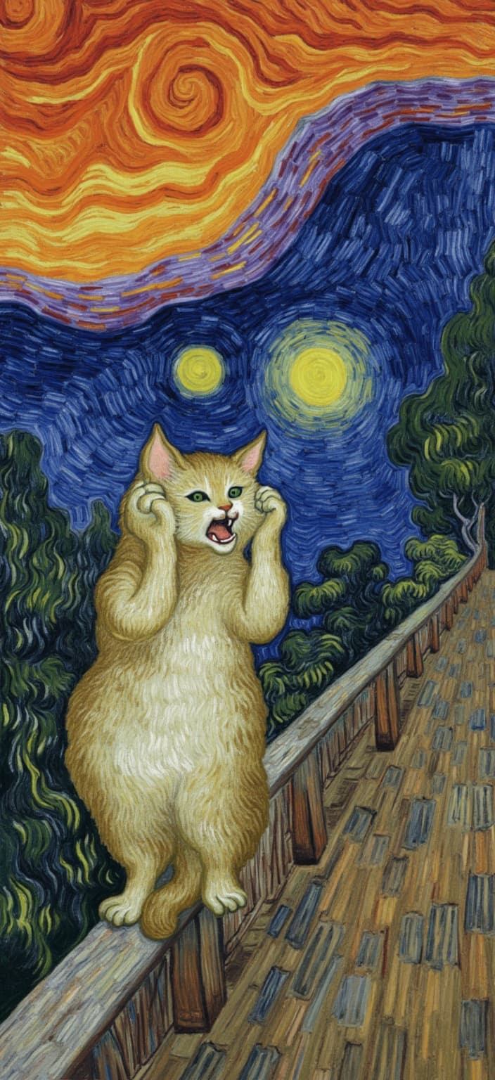 van_gogh, In this captivating digital painting, a humorous and surreal scene unfolds, drawing inspiration from Edvard Munch's iconic 'The Scream'. At its center is a wide-eyed, surprised cat standing on a bridge, its mouth open in a dramatic, exaggerated scream, and its paws covering both ears. The cat's expression is both comical and surreal, perfectly capturing the essence of surprise and whimsy.
The artwork is infused with intense color, dynamic brushwork, and bold, expressive compositions, reminiscent of Munch's style. The cat is portrayed with vivid, rich colors applied in thick, impasto layers, adding a sense of movement and emotional depth to its expression. The background comes alive with a swirling sunset sky, featuring vibrant orange, deep purple, and cool blue tones. These colors are applied with expressive, curling, flame-like brushstrokes that give the scene a rhythmic, pulsating quality.
Complementary color contrasts—such as the blues of the sky paired with the oranges of the sunset—heighten the visual impact and intensity of the piece. The loose, energetic brushstrokes convey a sense of urgency and raw emotion, allowing viewers to connect deeply with the painting's personal yet universally compelling narrative.
Meticulously centered, this visual masterpiece ensures a crisp, clean look, perfect for digital wallpaper. The dramatic, surreal, and humorous atmosphere invites viewers to immerse themselves in its vibrant, whimsical world, offering an ideal blend of Munch-inspired artistry and a unique, contemporary twist.