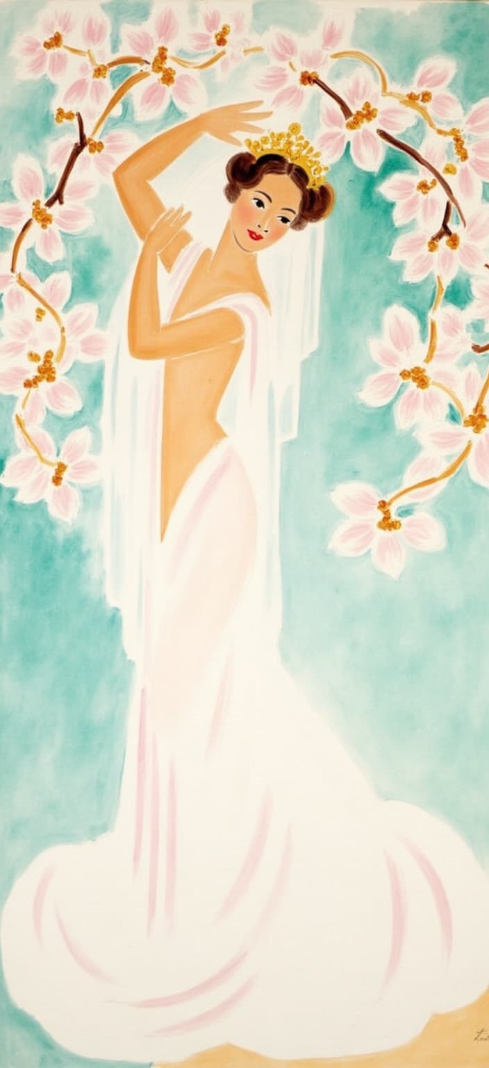 mattise_nice, A stunning digital wallpaper featuring a regal figure poised majestically at the center, adorned with an exquisite, elaborate crown crafted from delicate magnolia blossoms. The crown is a masterpiece of nature's splendor, showcasing a harmonious blend of soft whites, blushing pinks, and subtle hints of gold, reminiscent of spring's gentle beauty. The figure is draped in an ethereal, flowing white gown that cascades elegantly like a waterfall, its folds catching the light and adding a sense of dynamic movement to the composition.
Encircling this captivating figure, stylized magnolia branches weave a graceful frame, their pastel pink petals and golden accents adding a touch of opulence and lightness. The background is rendered in a soft painterly style, drawing inspiration from Matisse's work during his time in Nice. It features gentle swaths of color that blend seamlessly, creating an enchanting, dream-like atmosphere that enhances the figure's serene presence.
The painting is designed with a clean, centered composition, ensuring a luxurious and polished look that is perfect for digital wallpaper. The art brings together elegance, nature, and the timeless charm of Matisse's style, creating a visual feast that transforms any space with its grace and sophistication.