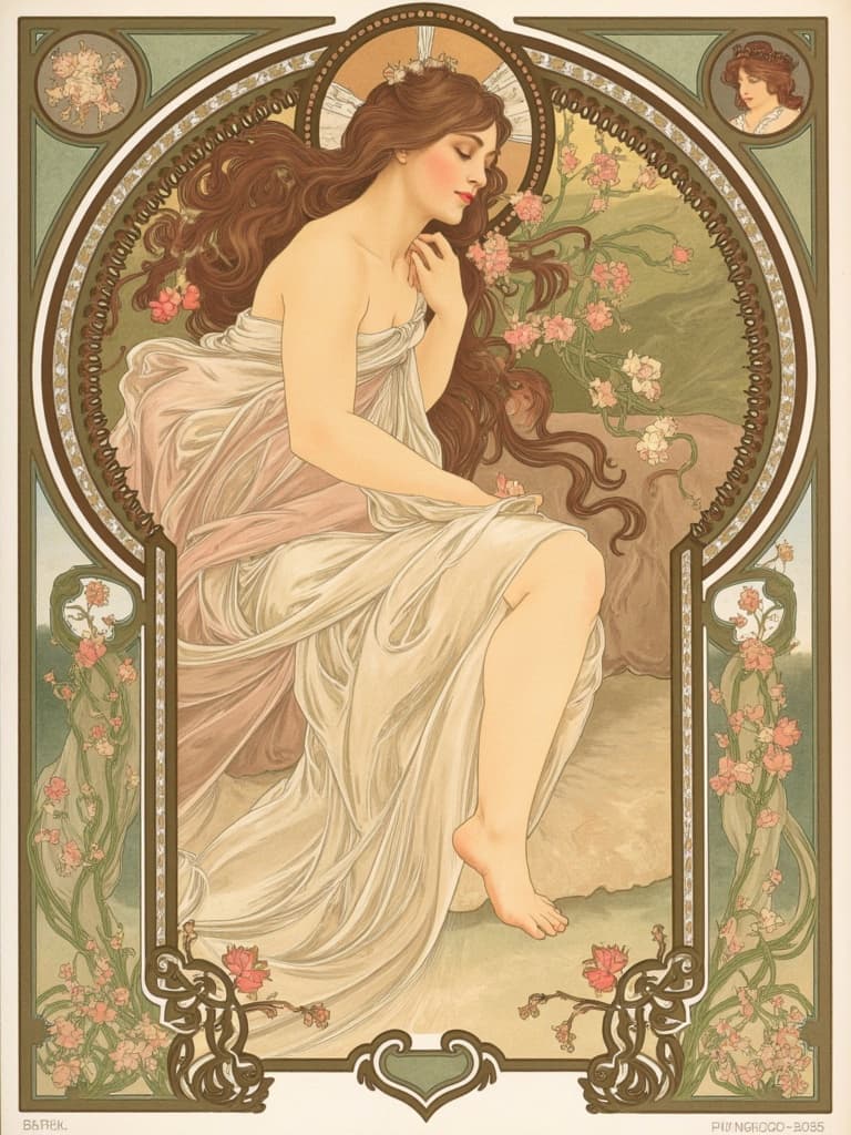 mucha, Enriched prompt: The painting captures a beautiful woman at the center, exuding grace and serenity. Her flowing hair cascades like a waterfall, interwoven with delicate vines and blooming flowers, each petal painted with exquisite detail. Her attire is elegant and adorned with intricate decorative patterns that mirror the natural motifs surrounding her, drawing inspiration from the flowing, organic lines that define the Art Nouveau style. The background features a dreamlike, romantic landscape, a tapestry of muted colors and subtle geometric patterns that blend seamlessly into the scene, enhanced by Mucha’s signature exuberant floral motifs.
The woman's expression is one of serene contemplation, her gaze softly directed towards the viewer, inviting them into this enchanted realm. Surrounding her is an elaborate ornamental frame reminiscent of a grand Gothic window. This intricate border is a masterpiece in itself, composed of sweeping curves and detailed embellishments that include organic patterns, celestial symbols, and more flowers, merging the boundary between the artwork and its surroundings. This frame does not merely contain the scene but acts as a gateway into a world where nature and human emotion are intertwined in poetic harmony.
This painting is meticulously centered to create a crisp, clean look, perfect for printing as wall art. The harmonious blend of natural motifs, delicate colors, and refined ornamental quality make it an ideal piece to adorn any living space, transforming it into a sanctuary of art and nature.