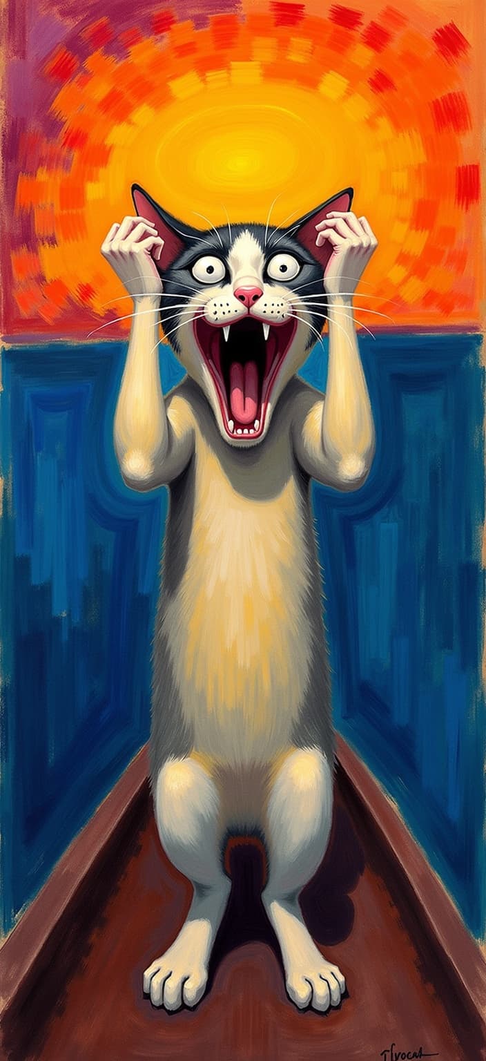 rothko, A mesmerizing digital painting captures a humorous and captivating scene, showcasing a wide-eyed, surprised cat standing on a bridge. The feline takes center stage, its mouth open in a dramatic, exaggerated scream, and paws covering both ears, creating an image rich with surreal and comical elements. Drawing inspiration from Edvard Munch's iconic 'The Scream,' the cat’s expression is front and center, highlighted by a painting style characterized by intense colors, dynamic brushwork, and bold, expressive compositions.
The artwork embraces the complex layering of translucent color, allowing light to filter through, imbuing the painting with an appearance of “inner light” and remarkable luminosity. At close range, colors seem to melt and fuse together with blurred boundaries between shapes, embodying the “floating zones of color” found in the style of the work. From a distance, these soft-edged rectangles hover weightlessly on the canvas, offering a richly varied surface where paint drips or strokes run in unconventional directions, contributing to its distinct visual appeal.
The background features a swirling sunset sky alive with vibrant orange, deep purple, and cool blue tones. Expressive brush strokes form curling, flame-like patterns, imparting a rhythmic, pulsating quality to the scene. Bold complementary color contrasts—such as blue and orange, and yellow and purple—enhance the painting’s visual impact and intensity. The loose, energetic brushstrokes convey urgency and raw emotion, combining drama, surrealism, and humor to create a universally compelling artwork.
Meticulously centered, the composition ensures a crisp, clean look, making it an ideal choice for digital wallpaper. This visual masterpiece effortlessly invites viewers to immerse themselves in its vibrant, whimsical world, echoing Munch's influence while establishing a distinctive identity of its own.