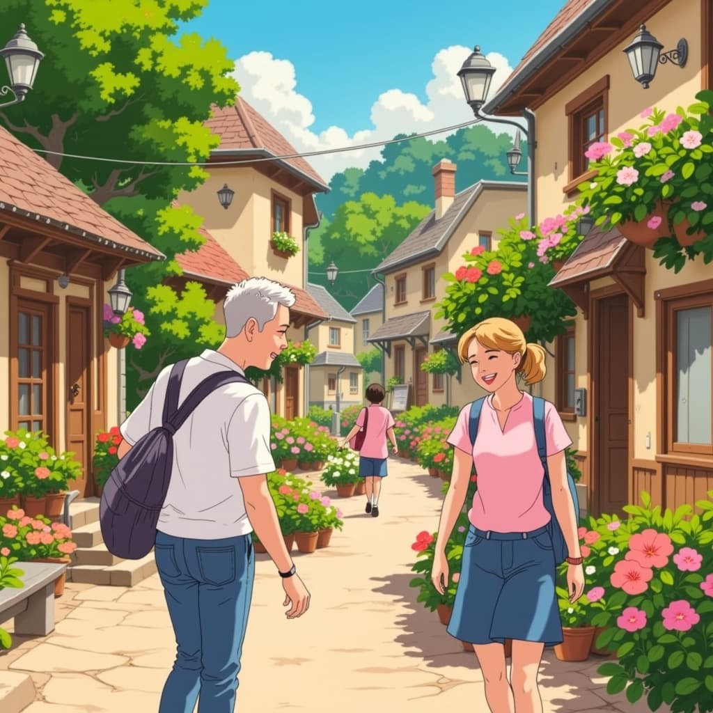 ghibli_illustration, The painting features a joyful scene of smiling couples, each pair radiating warmth and happiness as they engage in conversation and laughter. The characters, with their expressive faces, are designed in a hand-drawn animation style, capturing slight pencil sketch imperfections that add charm and authenticity. The scene is imbued with soft, painterly textures that give it a gentle, inviting quality, evoking a sense of nostalgia and whimsy.
The background is richly detailed, depicting an outdoor setting where everyday objects like blooming flowers, quaint street lamps, and benches add to the tangible and lived-in feel of the environment. The surroundings are brought to life with vivid, yet subtly muted colors that seamlessly blend with the warm, natural lighting, casting a cozy glow across the scene. This choice of color palette and lighting ensures that the overall atmosphere remains dreamy and nostalgic, inviting viewers to linger in the moment.
The layout is centered to perfection, ensuring that the couples are accurately proportioned and clearly visible against the detailed backdrop, making the image crisp and clean. This meticulous composition is ideal for wall art, as it balances both an intricate background and prominently featured subjects, providing a captivating and harmonious visual experience for any space.